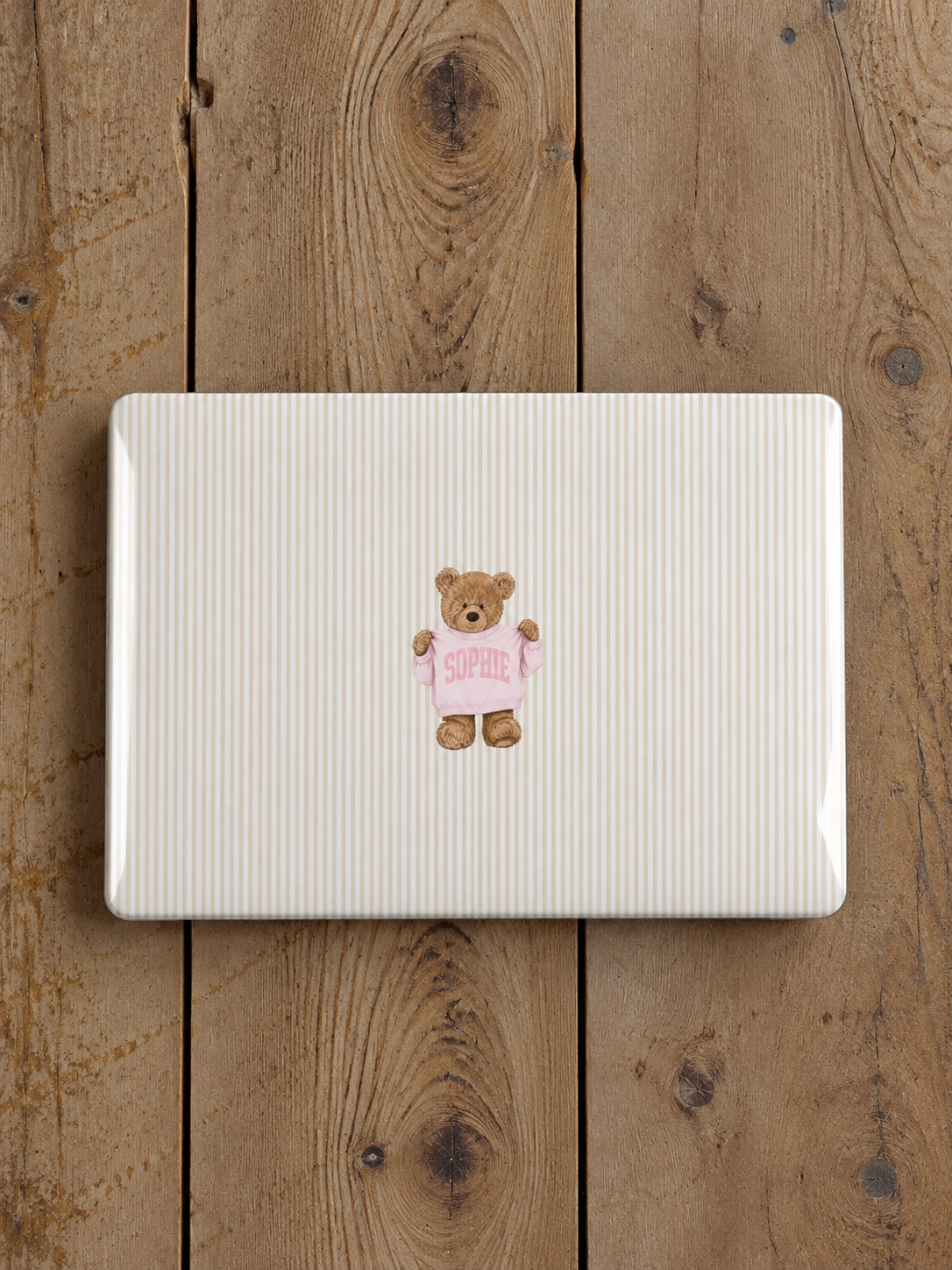 PERSONALIZED VARSITY SWEATER BEIGE STRIPES CUSTOM TEDDY BEAR NAME MACBOOK COVERS