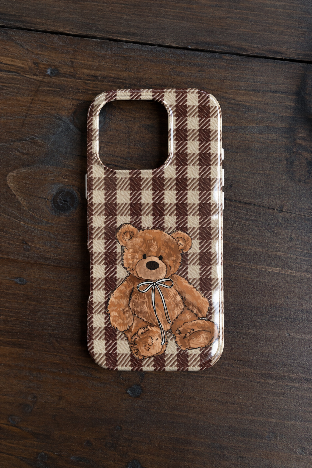 BROWN CHECKERED PLAID FLANNEL TEDDY BEAR BOW PHONE CASE