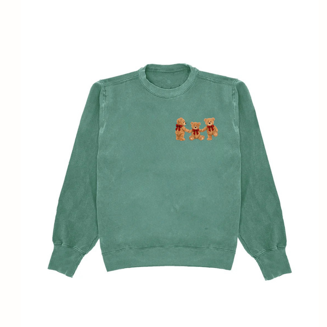 GREEN MINI TEDDY BEARS BOWS COZY CLUB CREWNECK