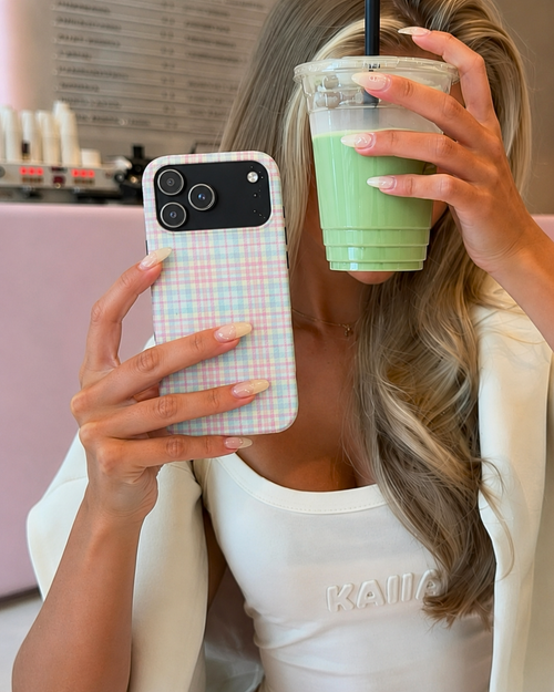 Pastel plaid phone case with black camera bumper and raised edges