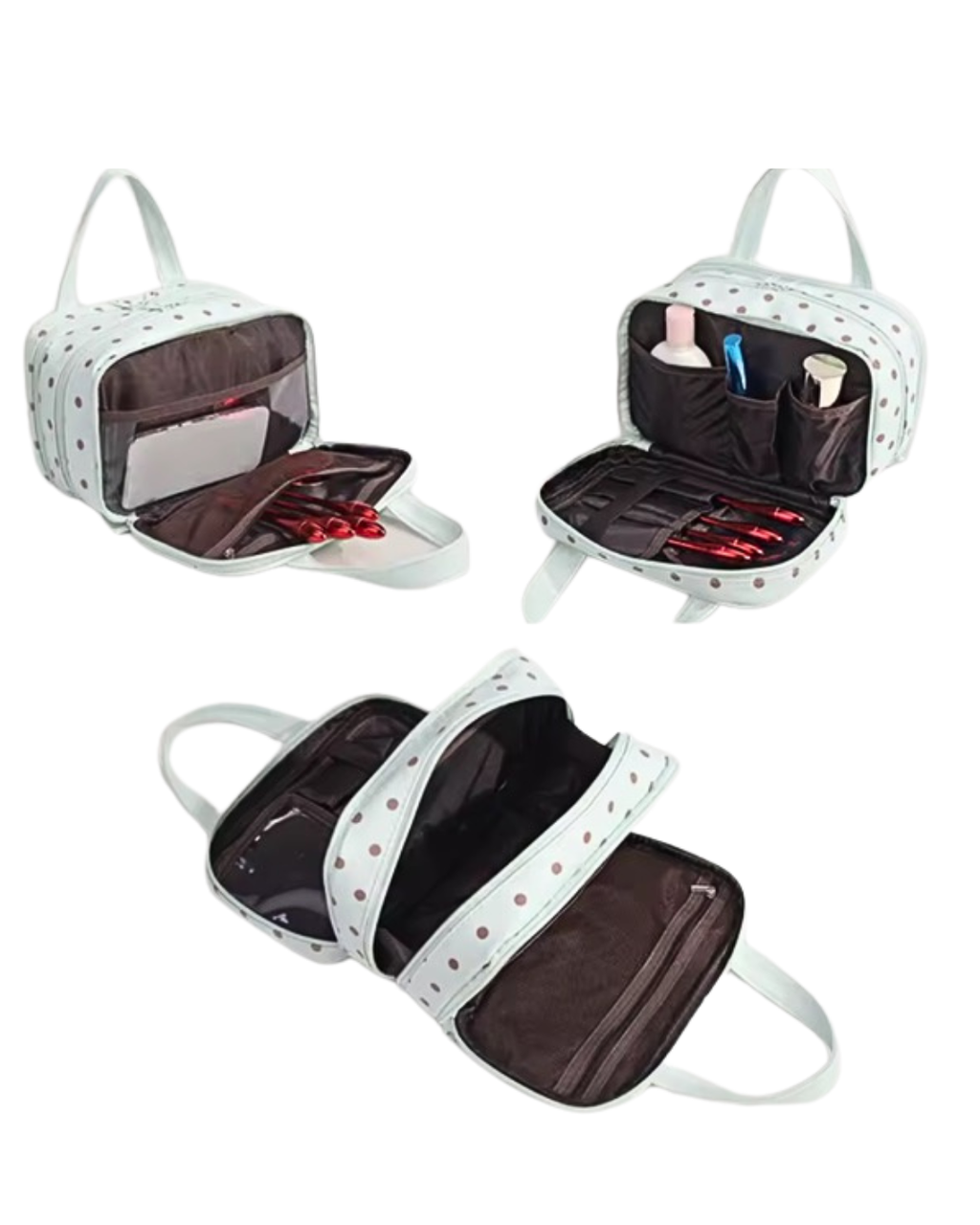 Polka dot travel organizer bag opened, showing interior pockets and elastic straps