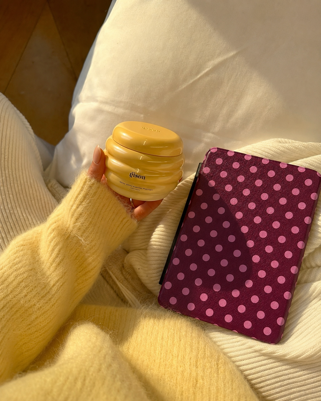 Hardcover Kindle case with raspberry polka dot fabric cover