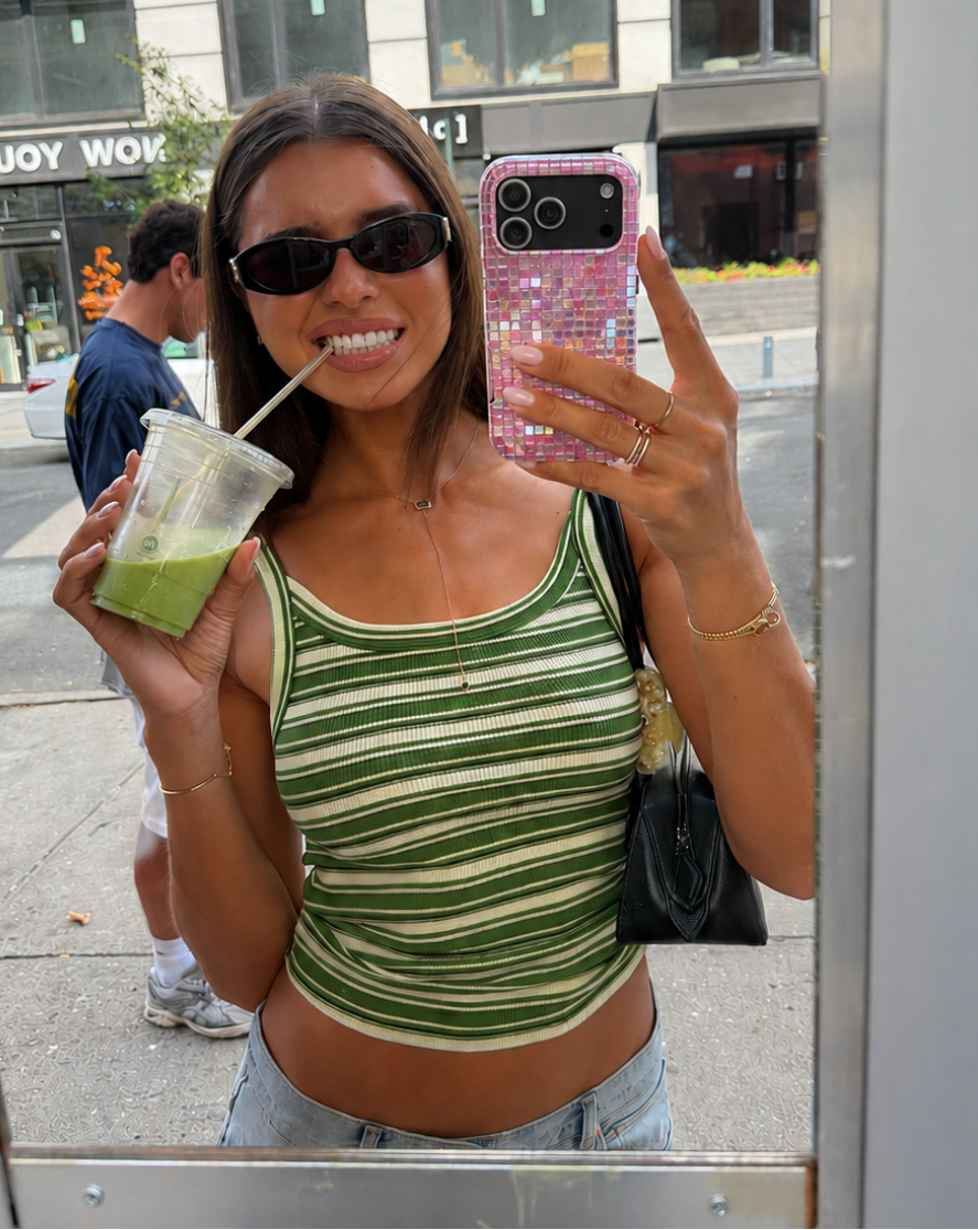 Pink mosaic phone case with cutouts for cameras and flash