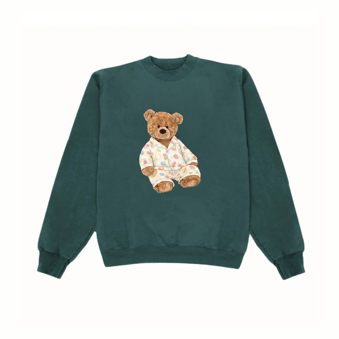 GREEN TEDDY BEAR FRUIT PJS COZY CLUB CREWNECK