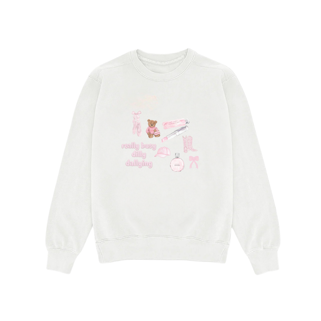 REALLY BUSY DILLY DALLYING WHITE COZY CREWNECK