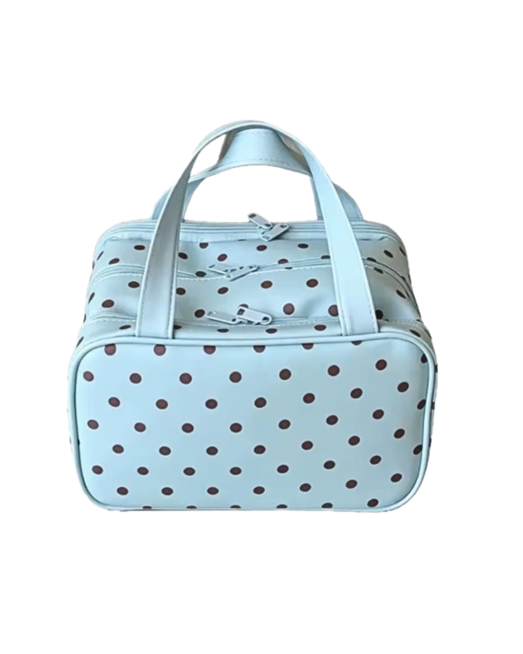 Light blue polka dot travel organizer bag with double top handles and zip closure