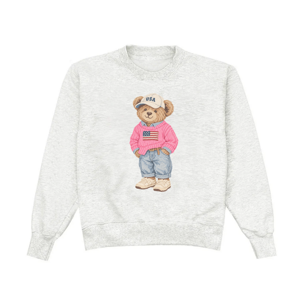 THE USA TEDDY BEAR GRAY CREWNECK SWEATSHIRT