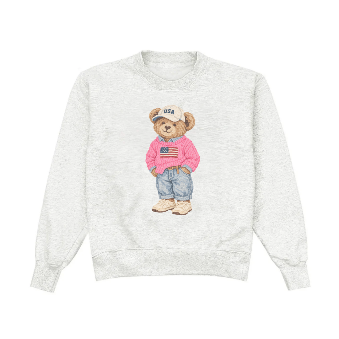 THE USA TEDDY BEAR GRAY CREWNECK SWEATSHIRT