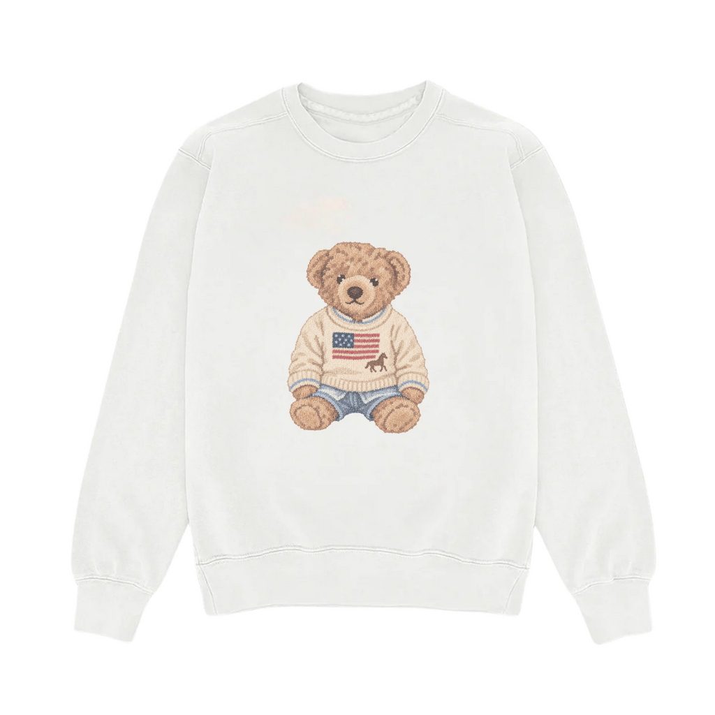 THE ALL-AMERICAN TEDDY BEAR WHITE CREWNECK SWEATSHIRT