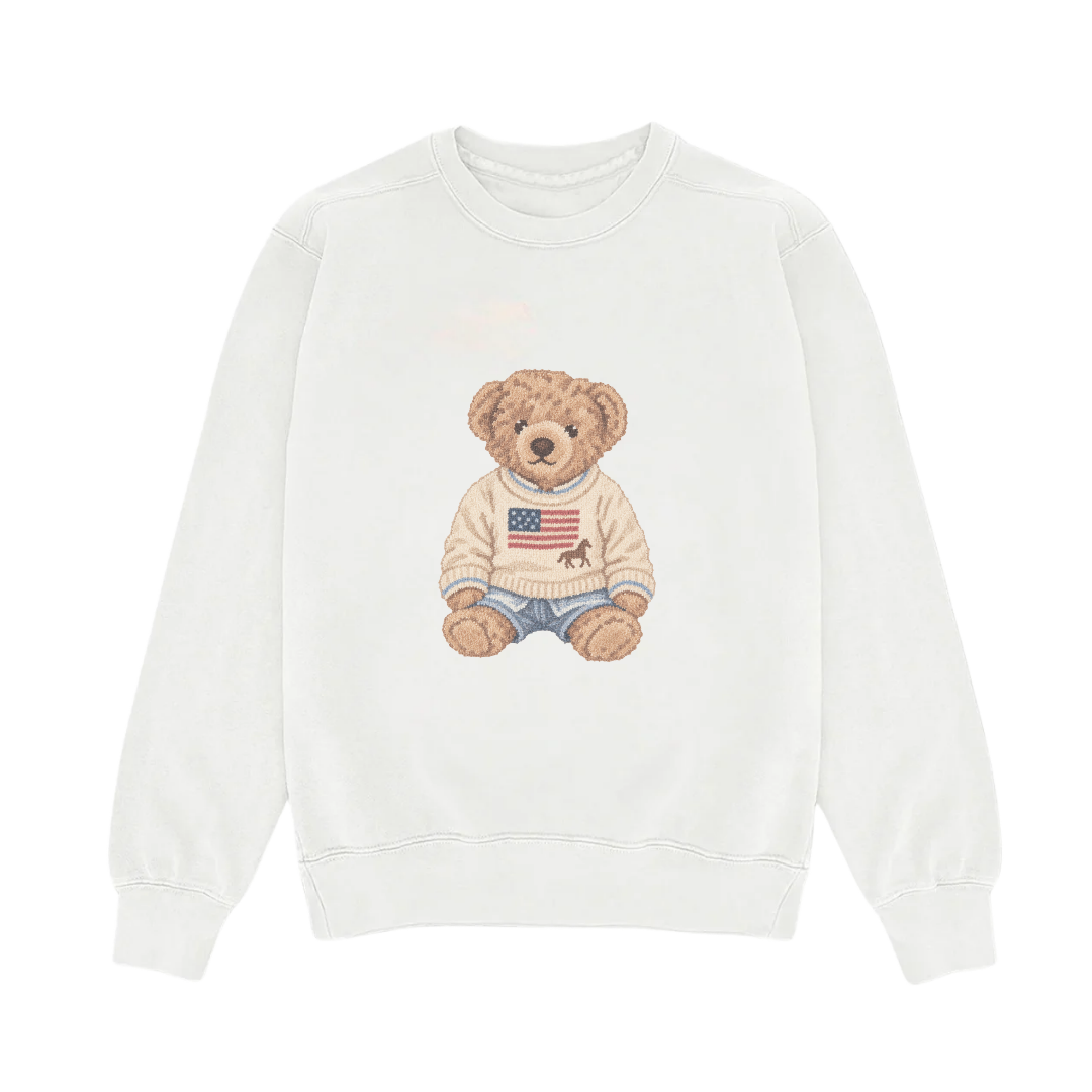 THE ALL-AMERICAN TEDDY BEAR WHITE CREWNECK SWEATSHIRT