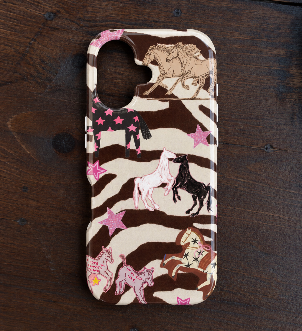 BROWN WESTERN WHIMSY PINK HORSES PHONE CASE