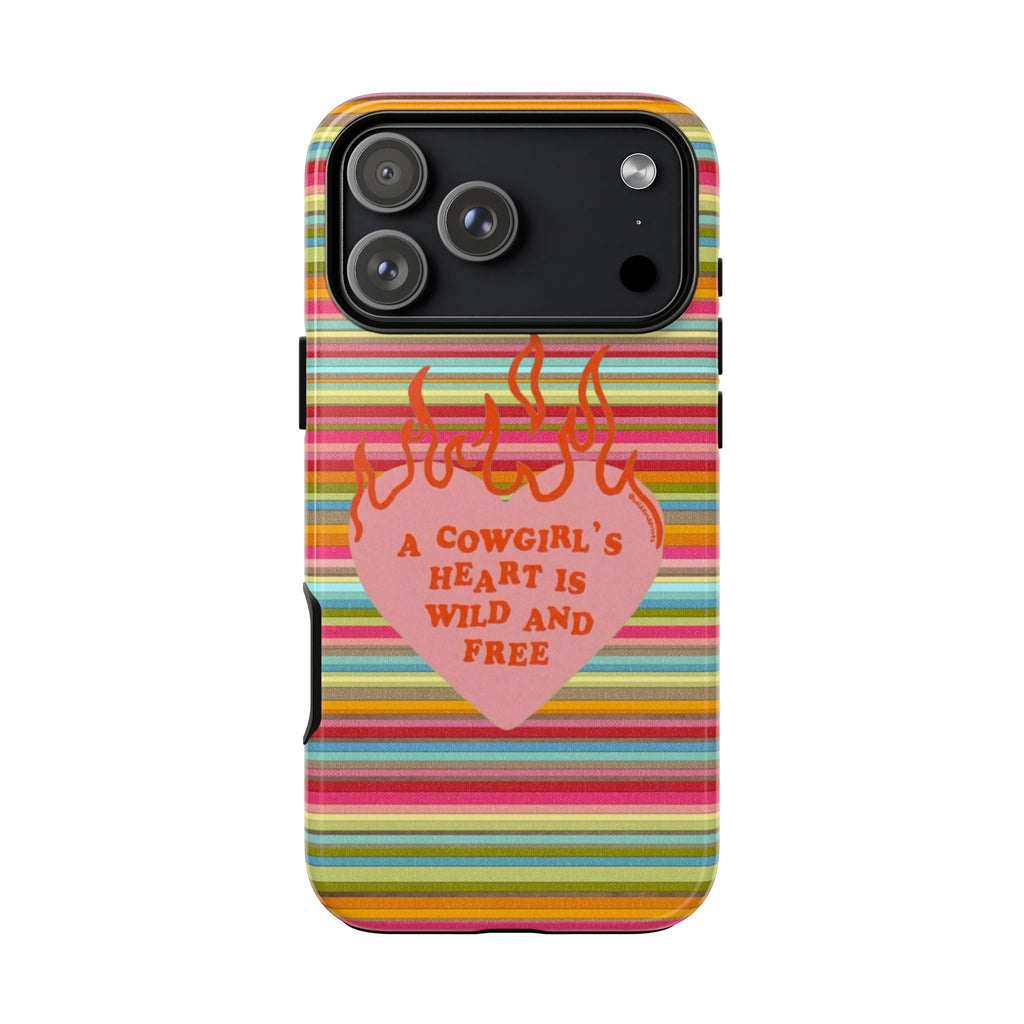 Phone case with rainbow stripes and flaming heart graphic, cutout for camera and flash