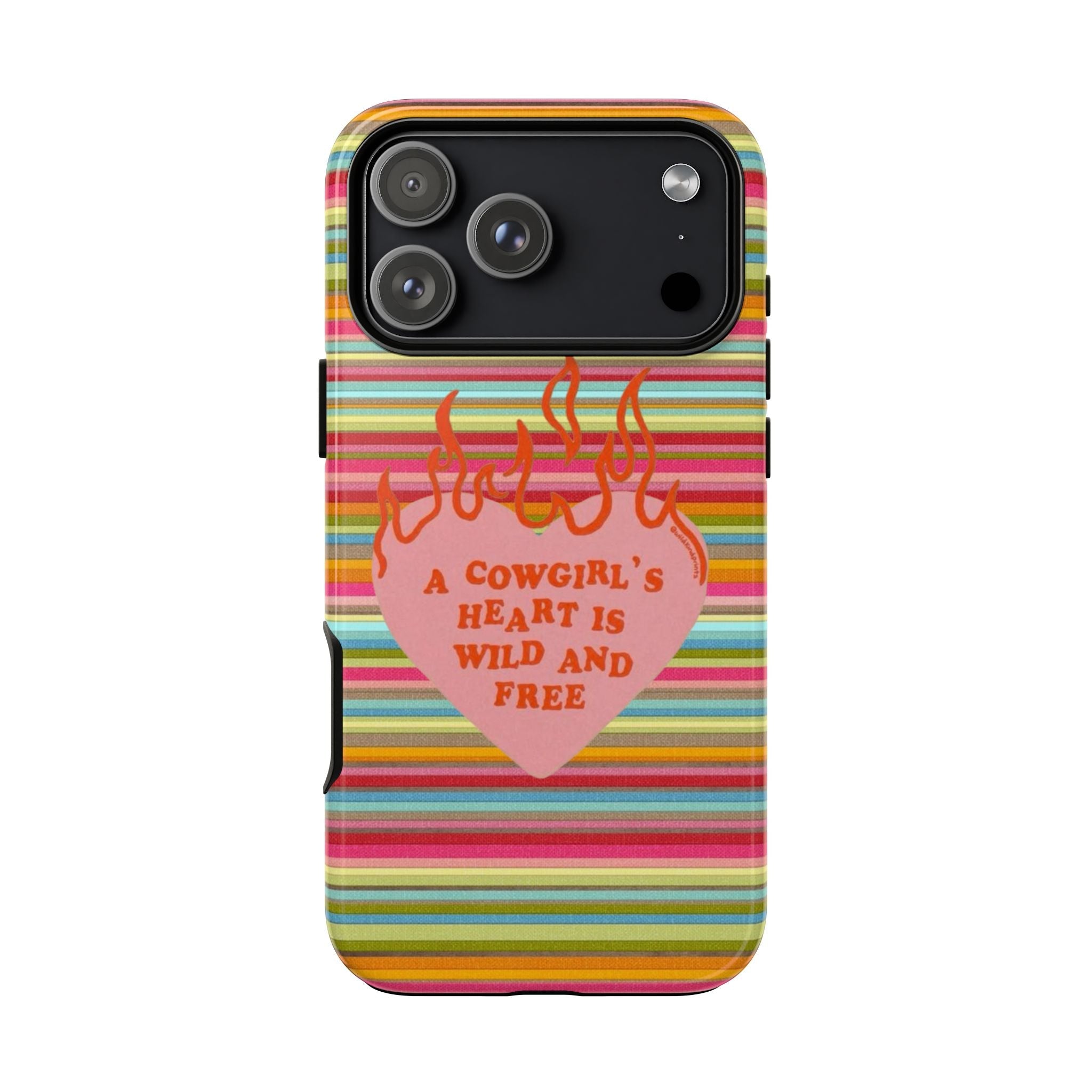 Phone case with rainbow stripes and flaming heart graphic, cutout for camera and flash