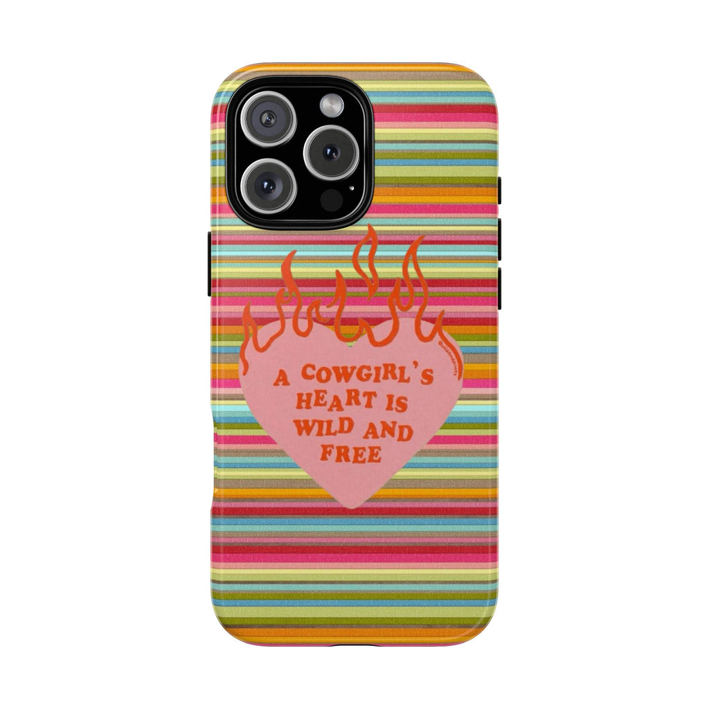 Phone case with rainbow horizontal stripes and pink heart with orange flames text