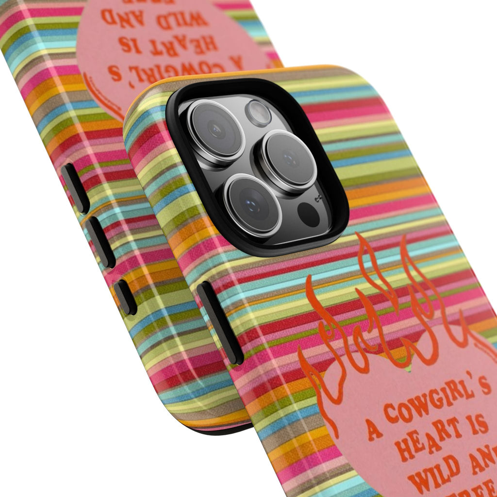 Close-up phone case corner: rainbow plaid stripes with pink heart and orange flames