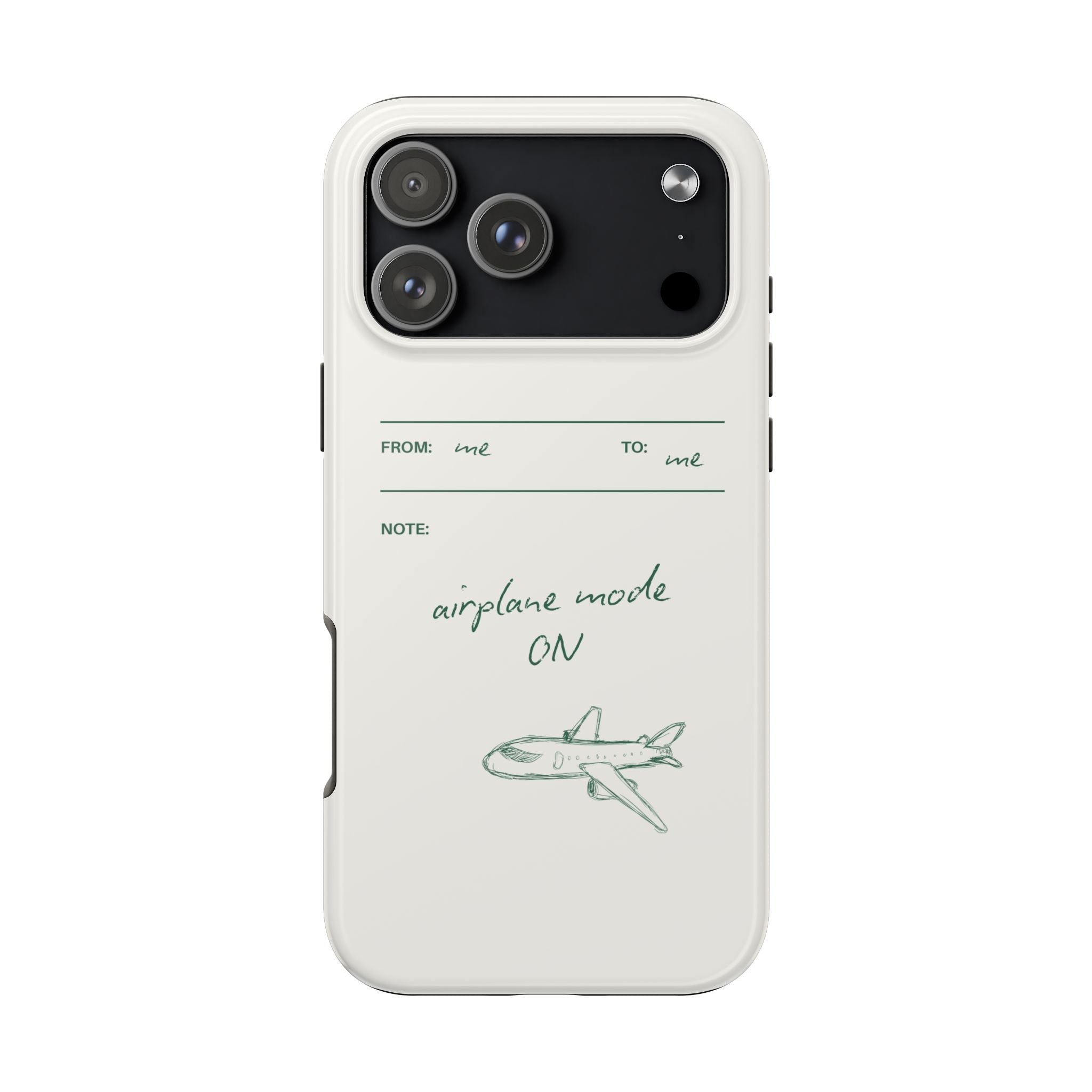White phone case with airplane mode ON text and small airplane illustration