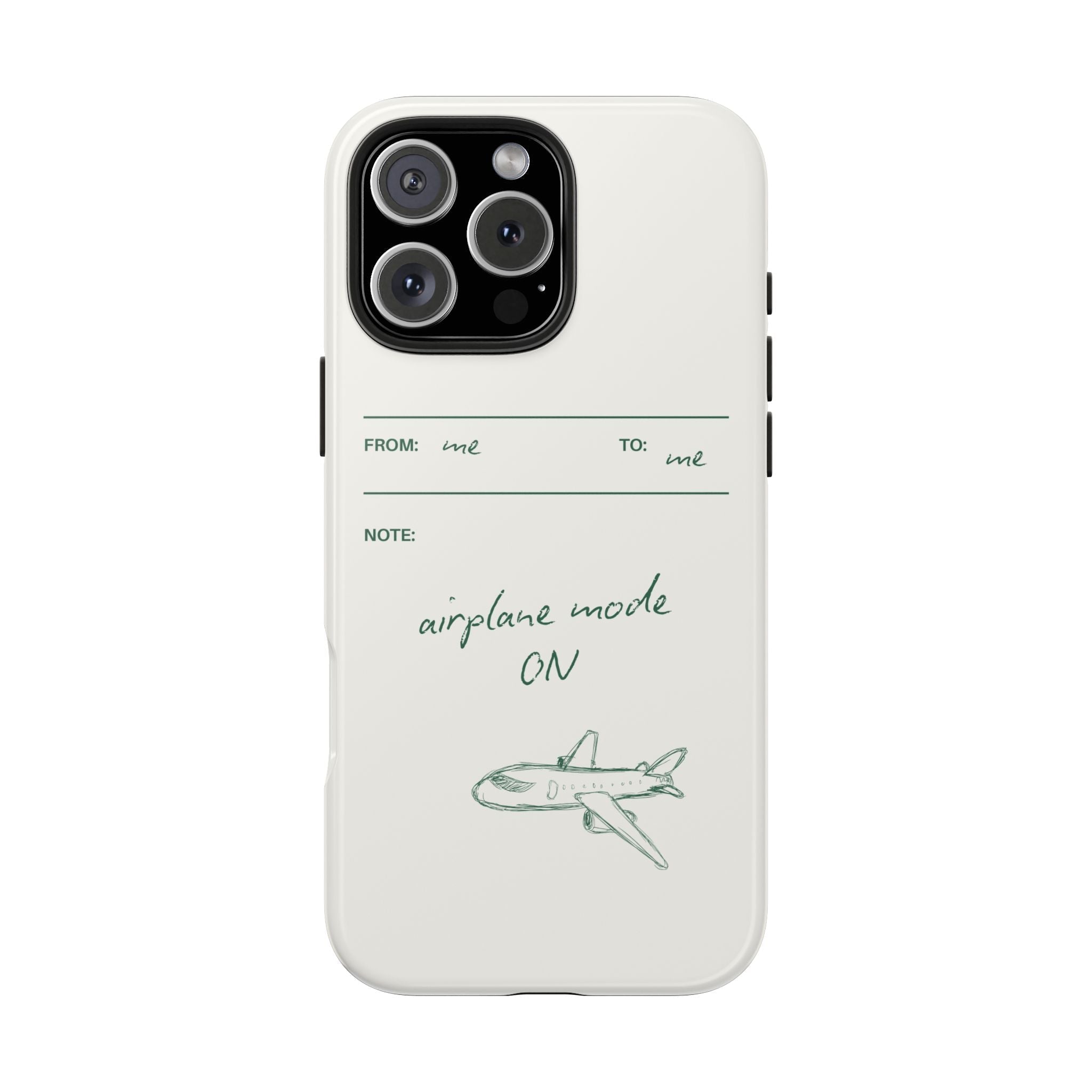 White phone case with airplane mode ON lettering and airplane doodle