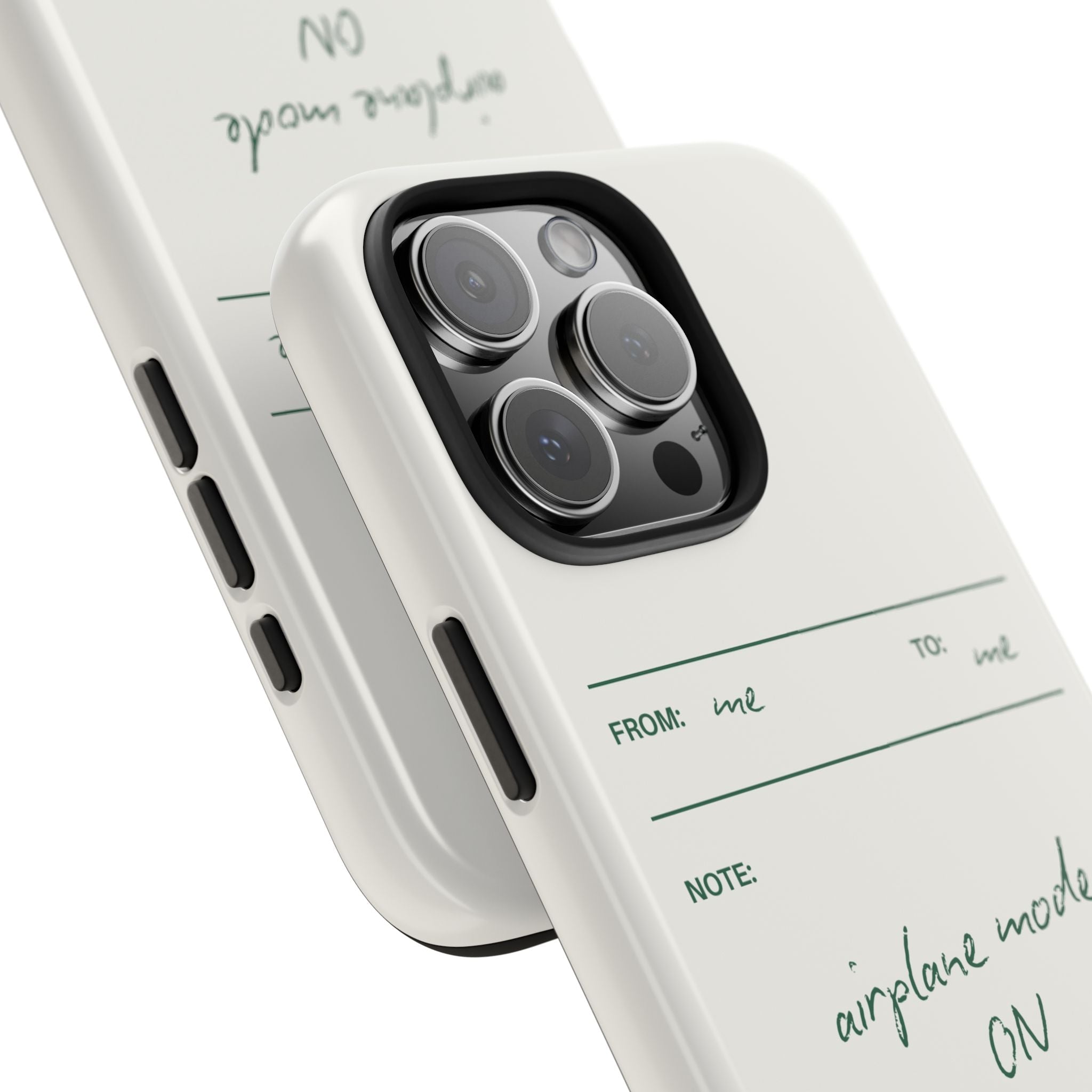 Angled view: white case showing camera cutouts, airplane mode ON design