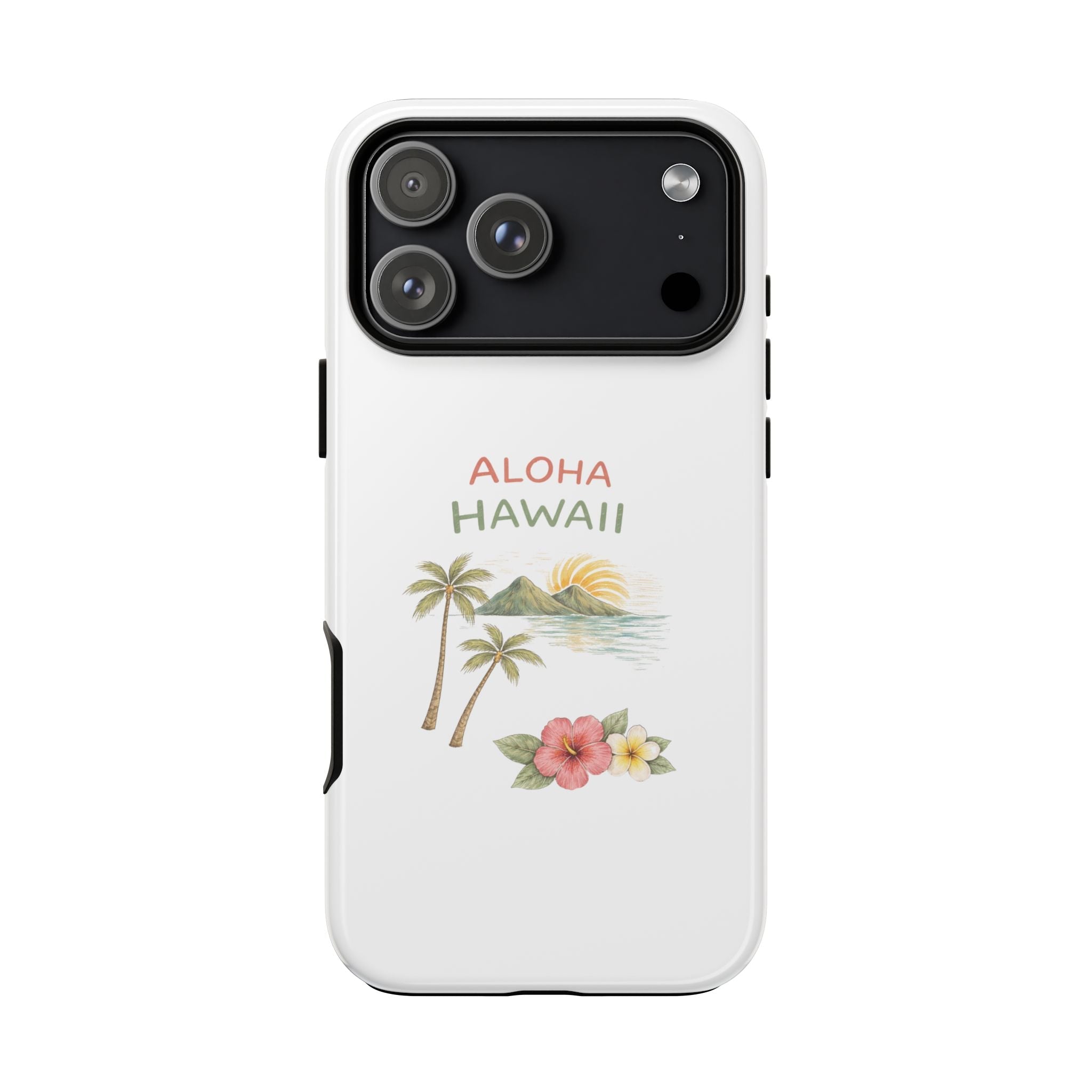 White phone case with ALOHA HAWAII lettering, tropical palms, and floral accents