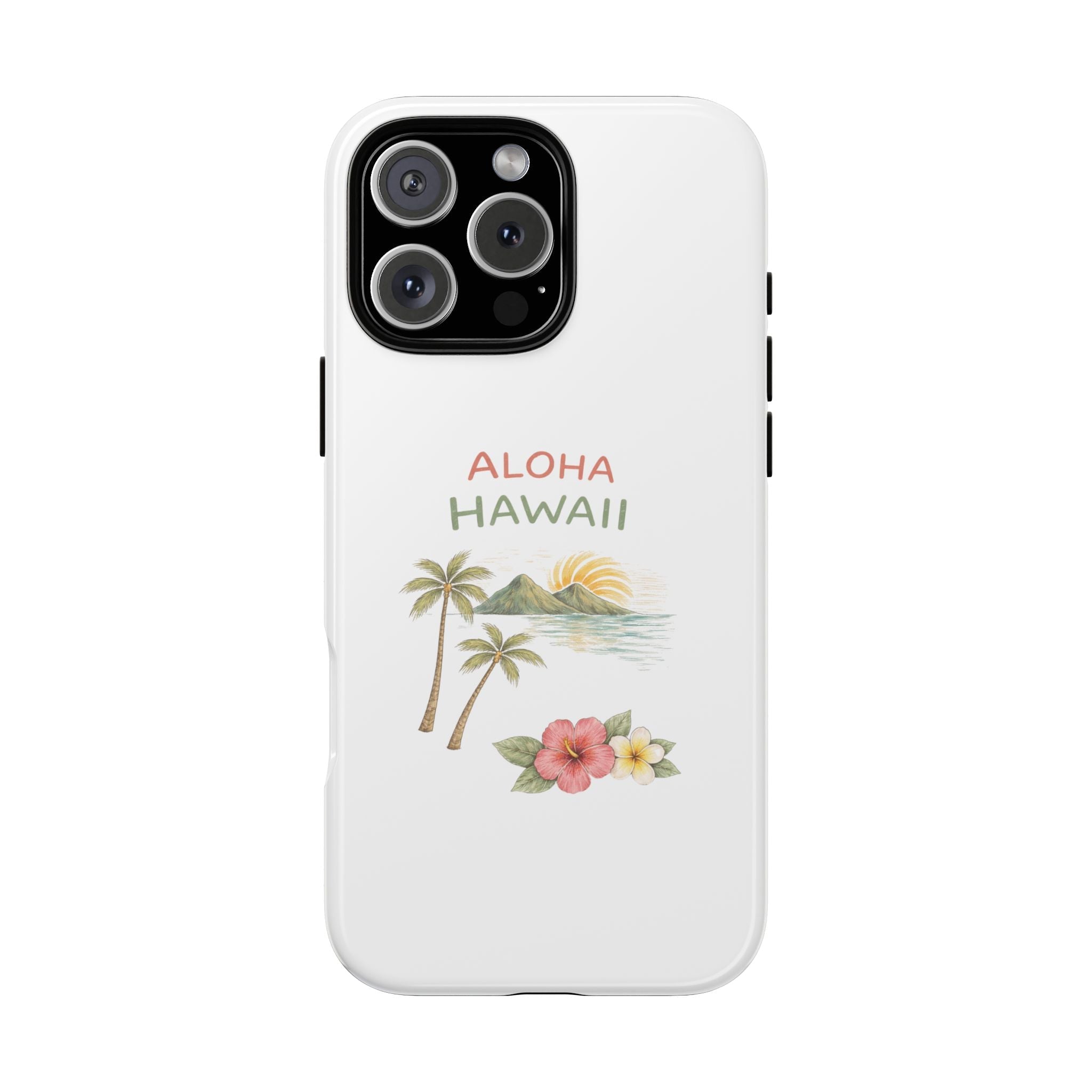 White ALOHA HAWAII phone case with palm trees, flowers, and beach illustration
