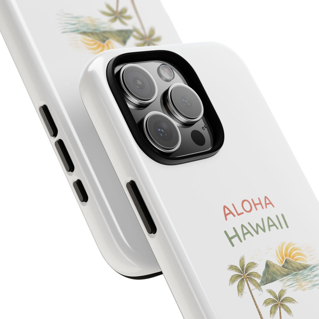 White phone case side view with ALOHA HAWAII design and raised camera cutout