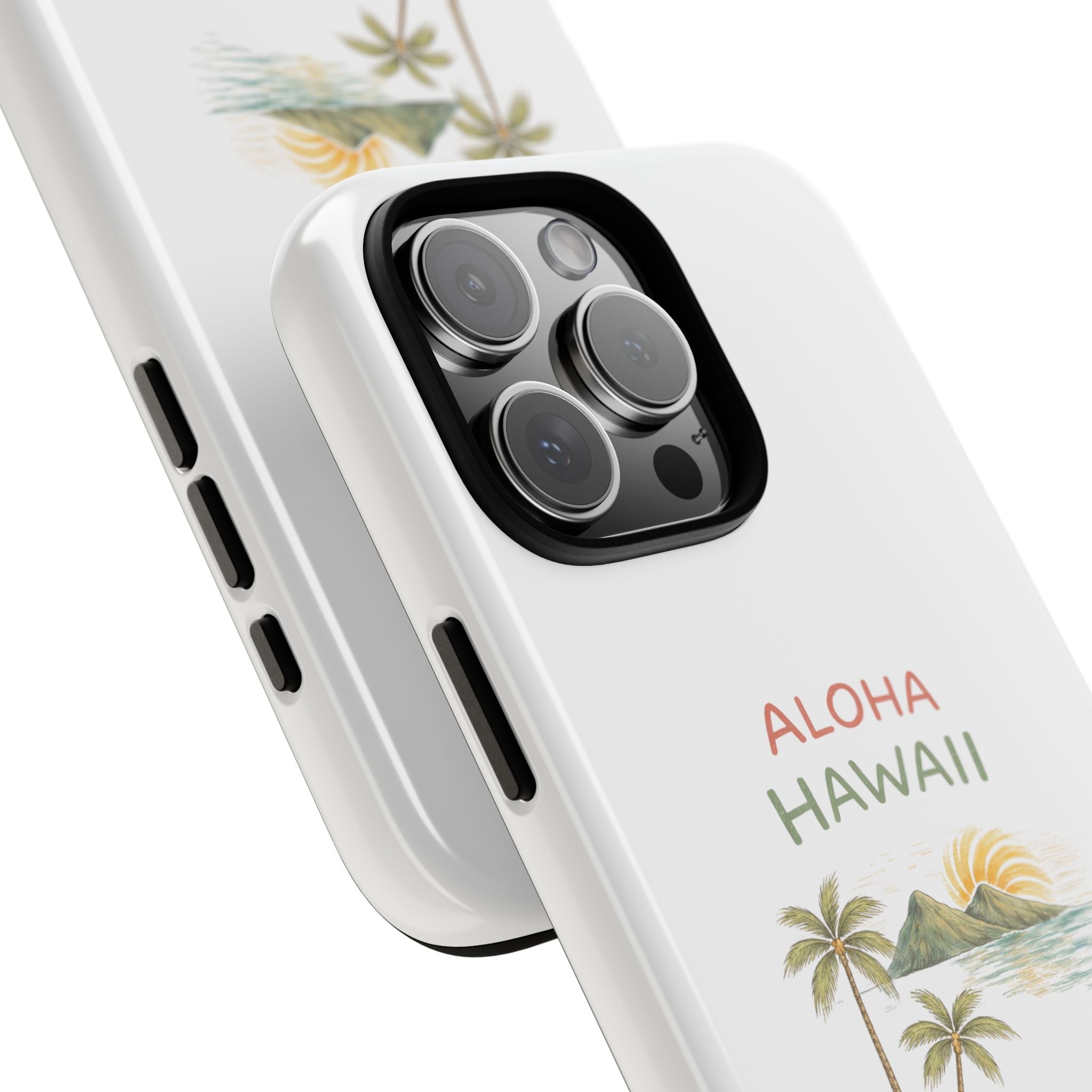 White phone case side view with ALOHA HAWAII design and raised camera cutout