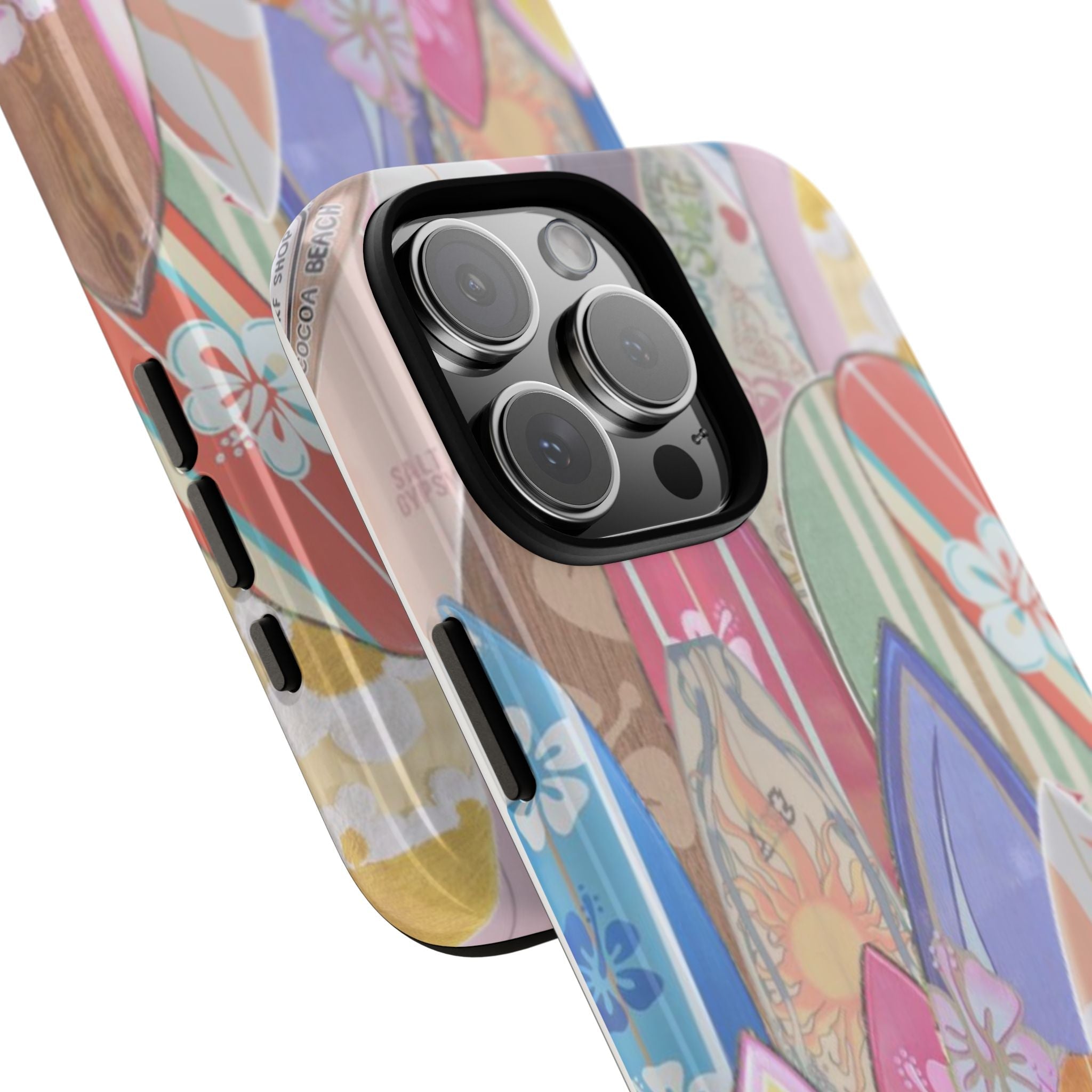 Surfboard-pattern phone case with side button cutouts and raised lens covers