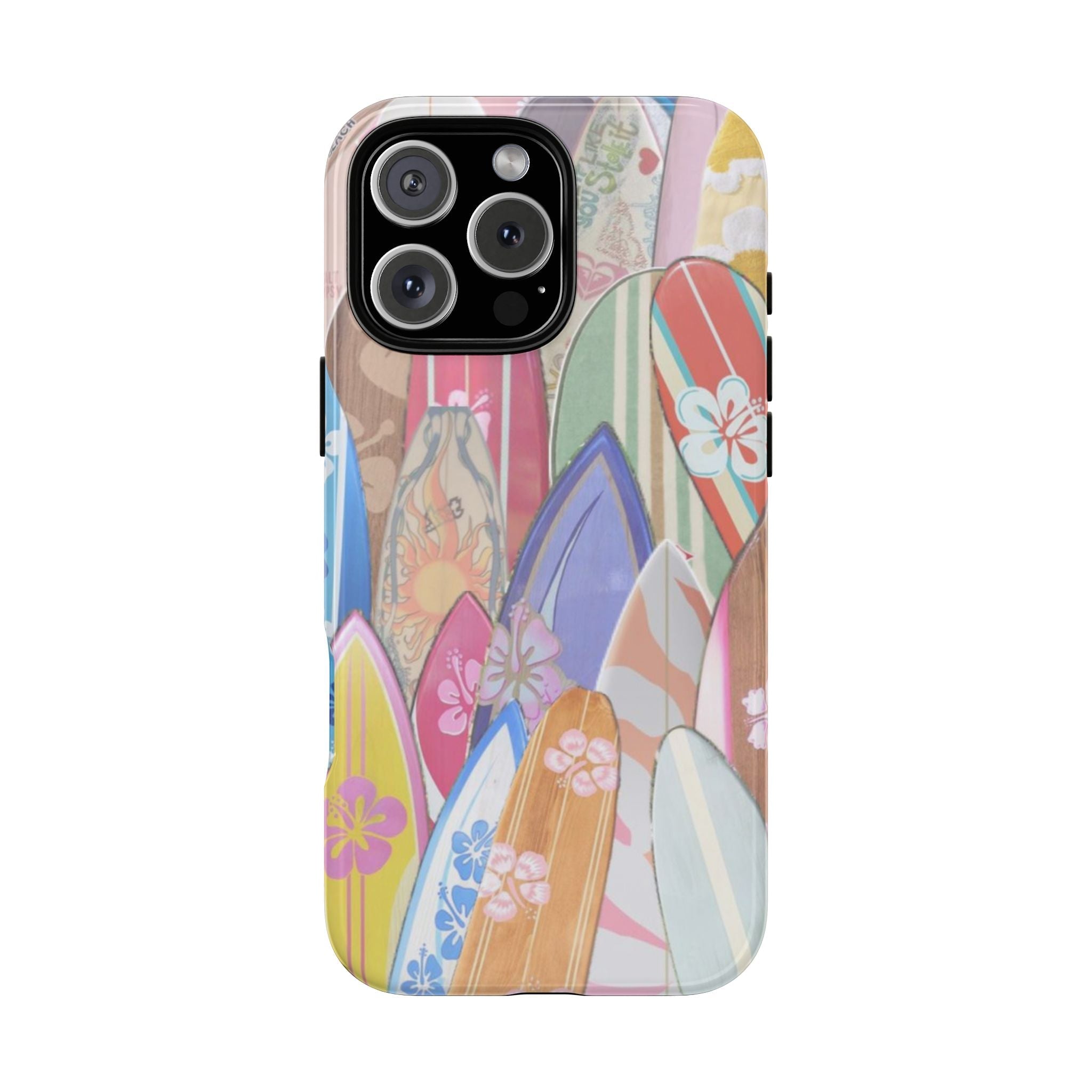 Surfer-themed phone case with colorful surfboards and flowers, raised camera cutouts