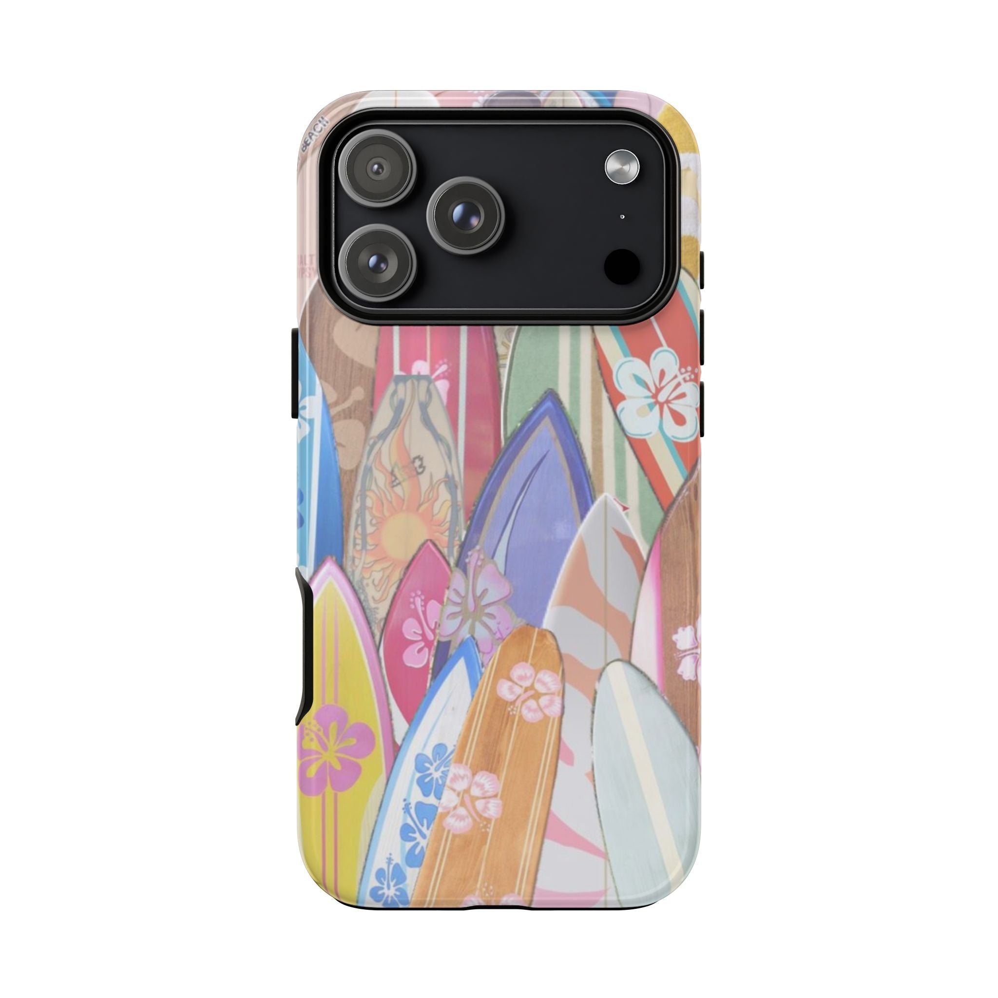 Back of surf phone case with colorful surfboard print and black camera frame