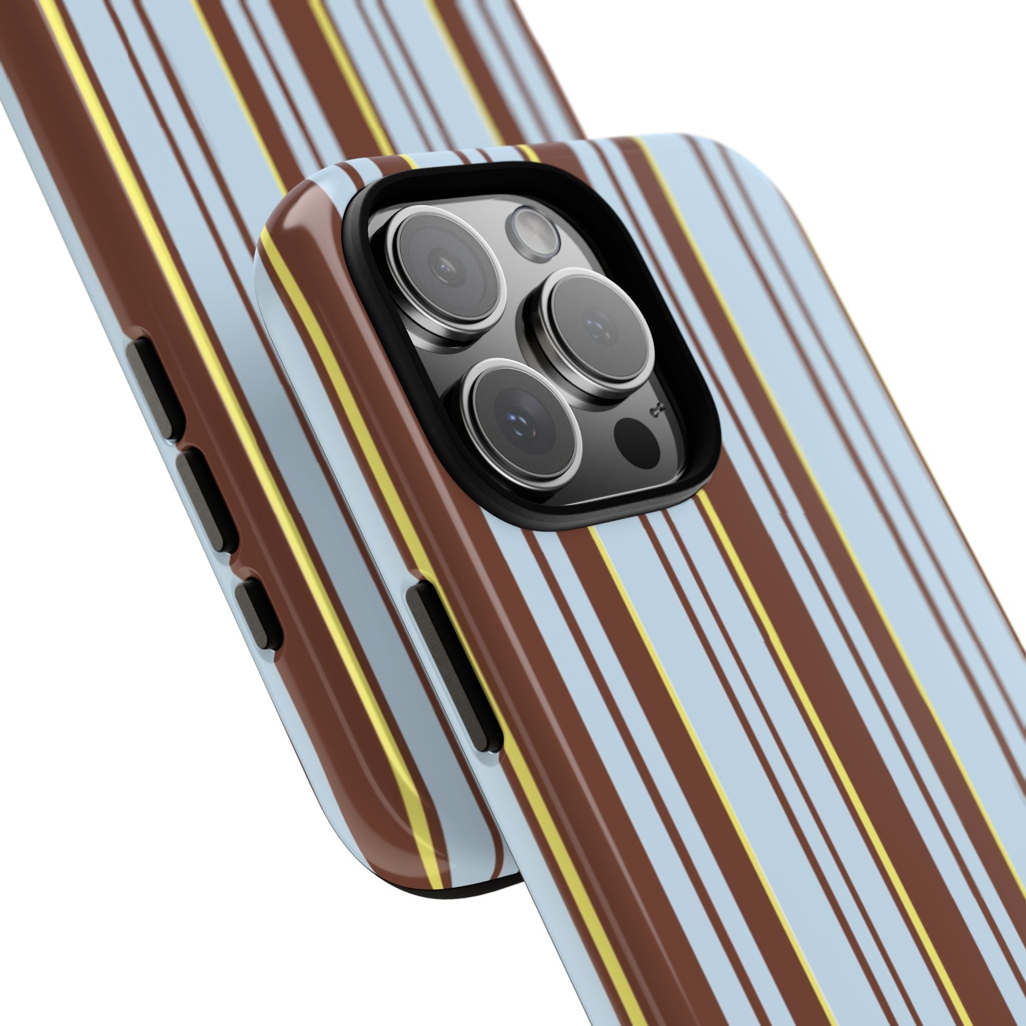 Corner view of multicolor vertical striped phone case: brown, cream, blue, and yellow