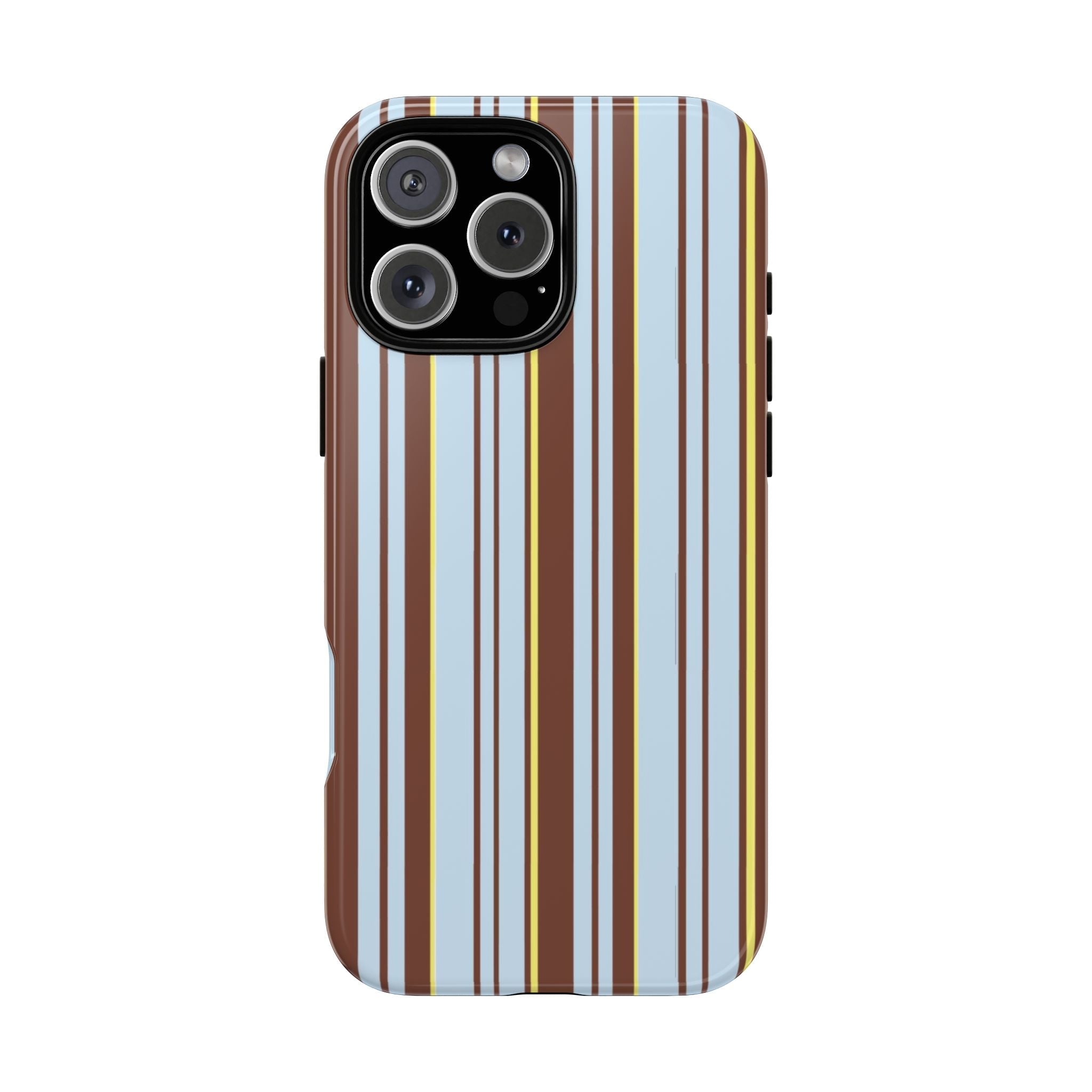 AMALFI brew phone case with vertical brown, cream, and blue stripes; camera cutouts