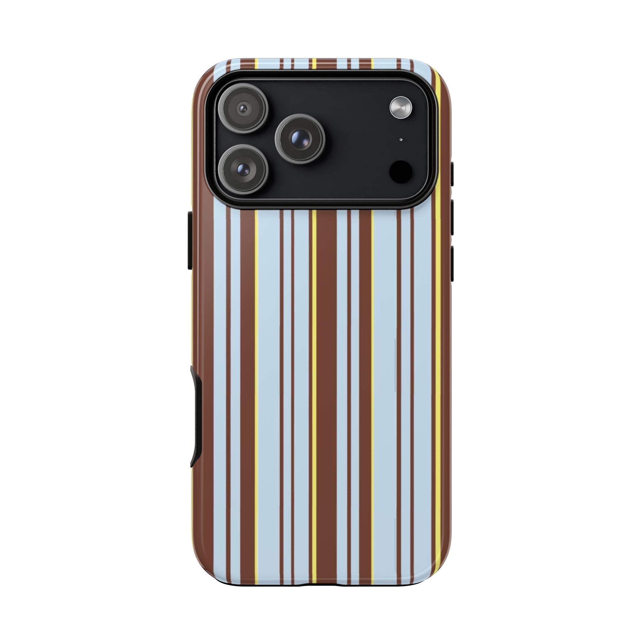Vertical stripe phone case in brown, cream, and blue with raised camera module