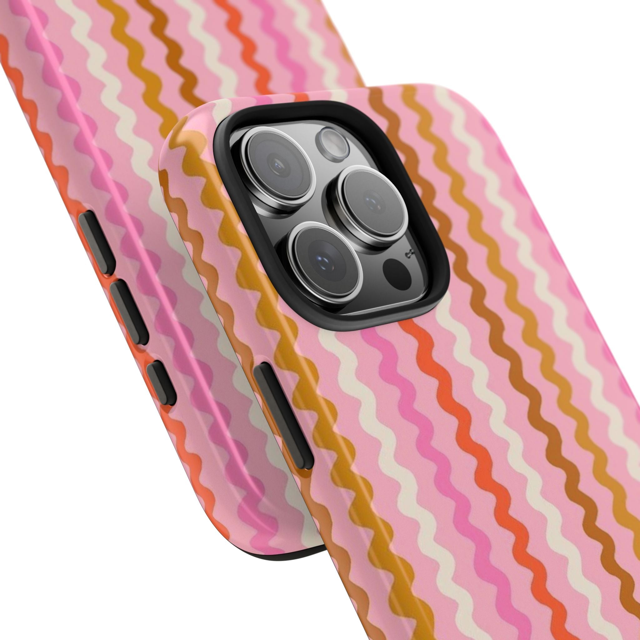 Close-up pink zigzag phone case with raised camera rings and side buttons