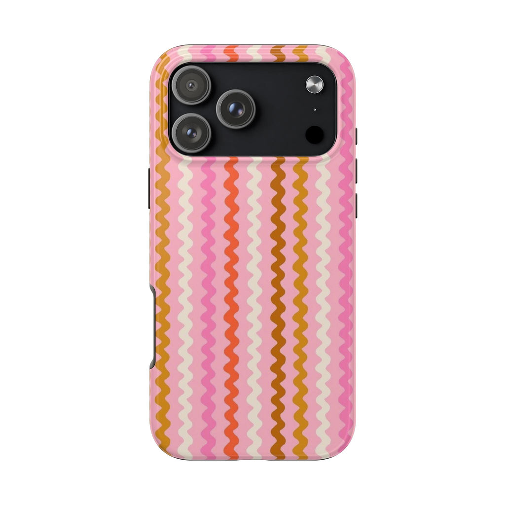 Pink zigzag phone case with camera cutout and wavy stripe pattern