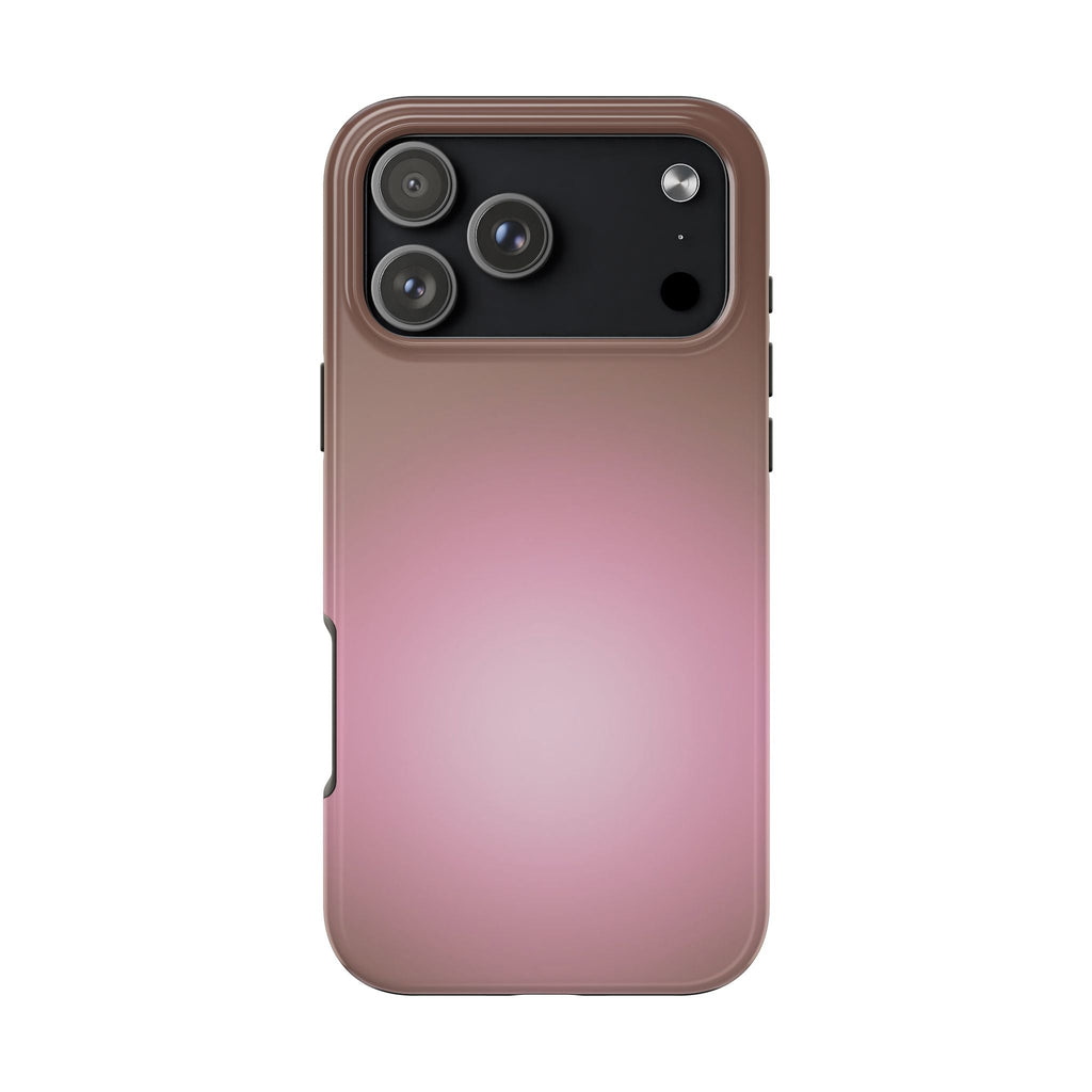 Amber aura phone case in mauve pink with dark camera panel and raised edges
