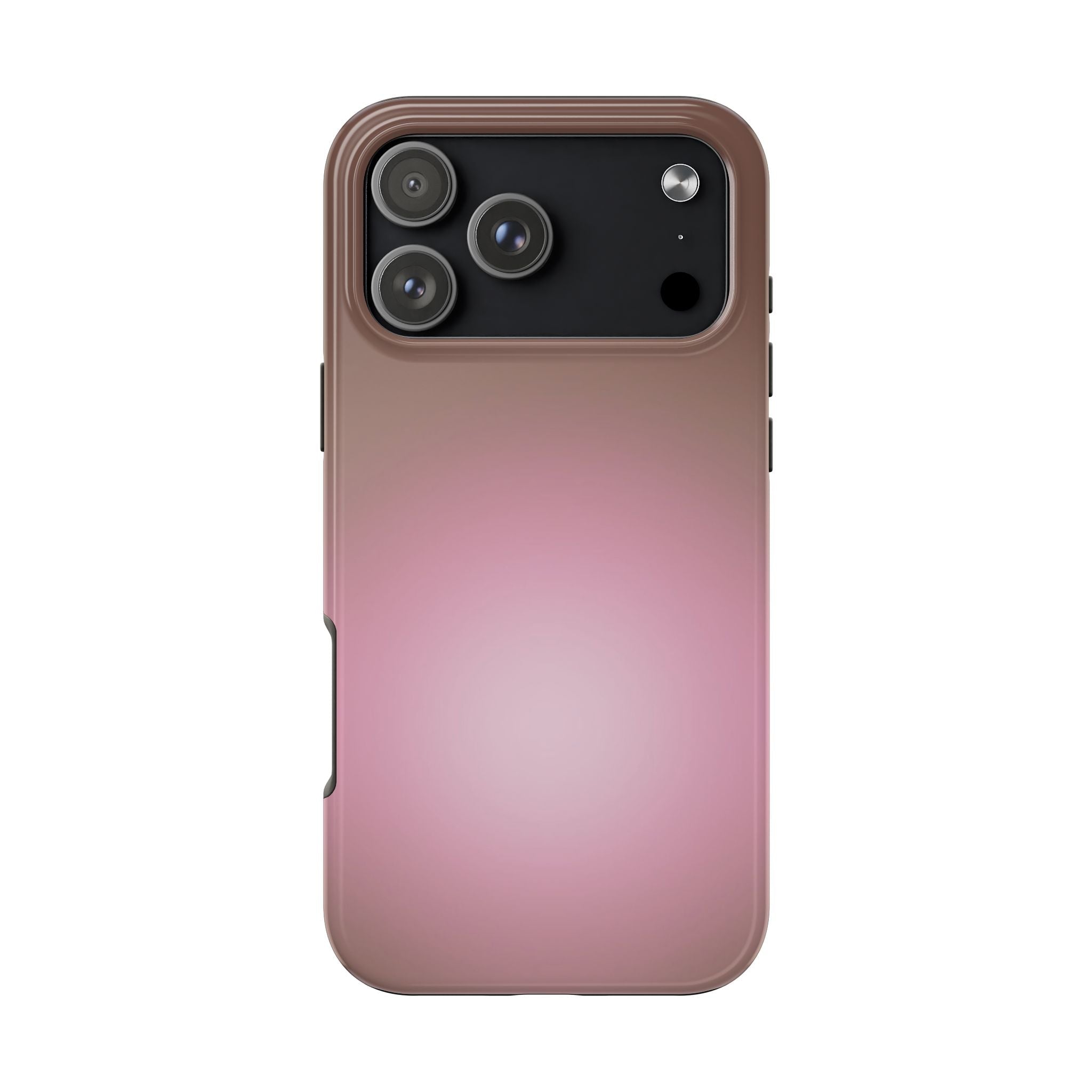 Amber aura phone case in mauve pink with dark camera panel and raised edges