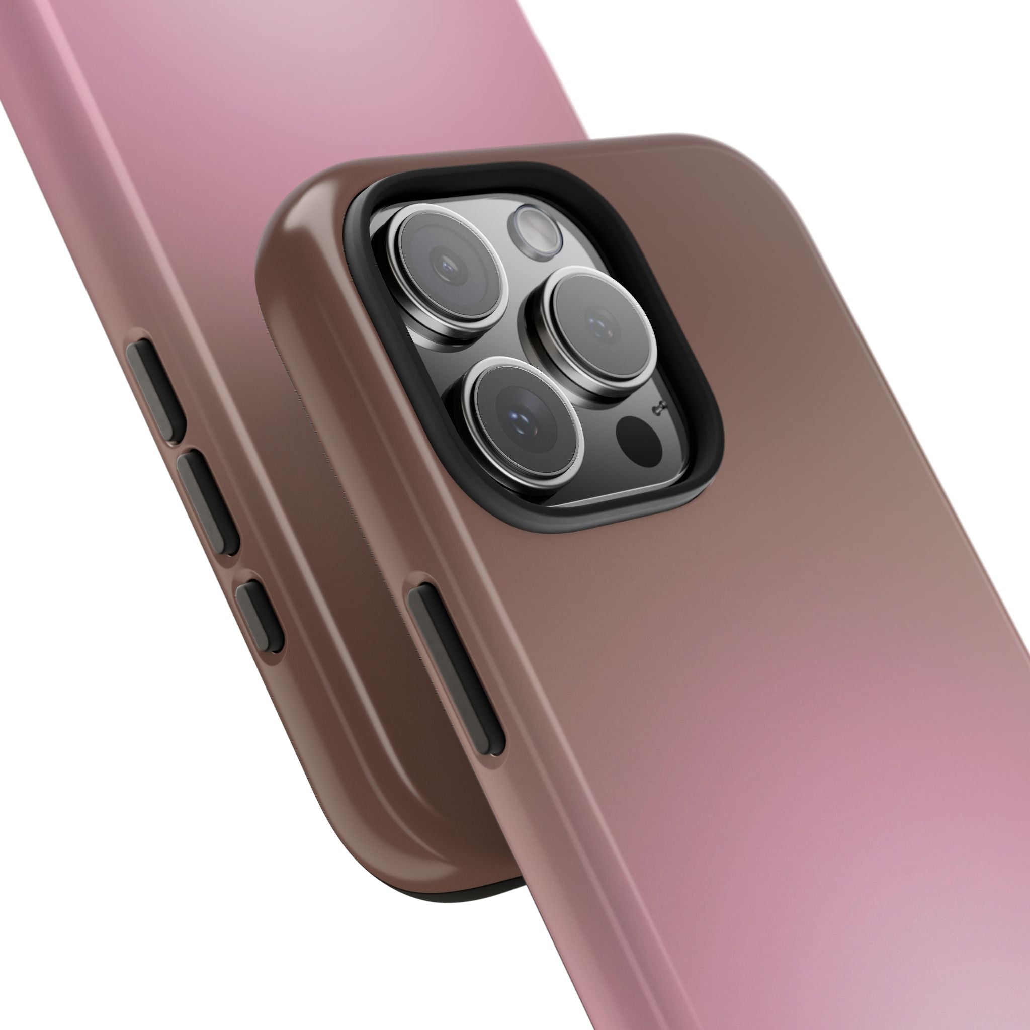Amber aura case angled view with mauve pink body, black camera lenses, and side buttons