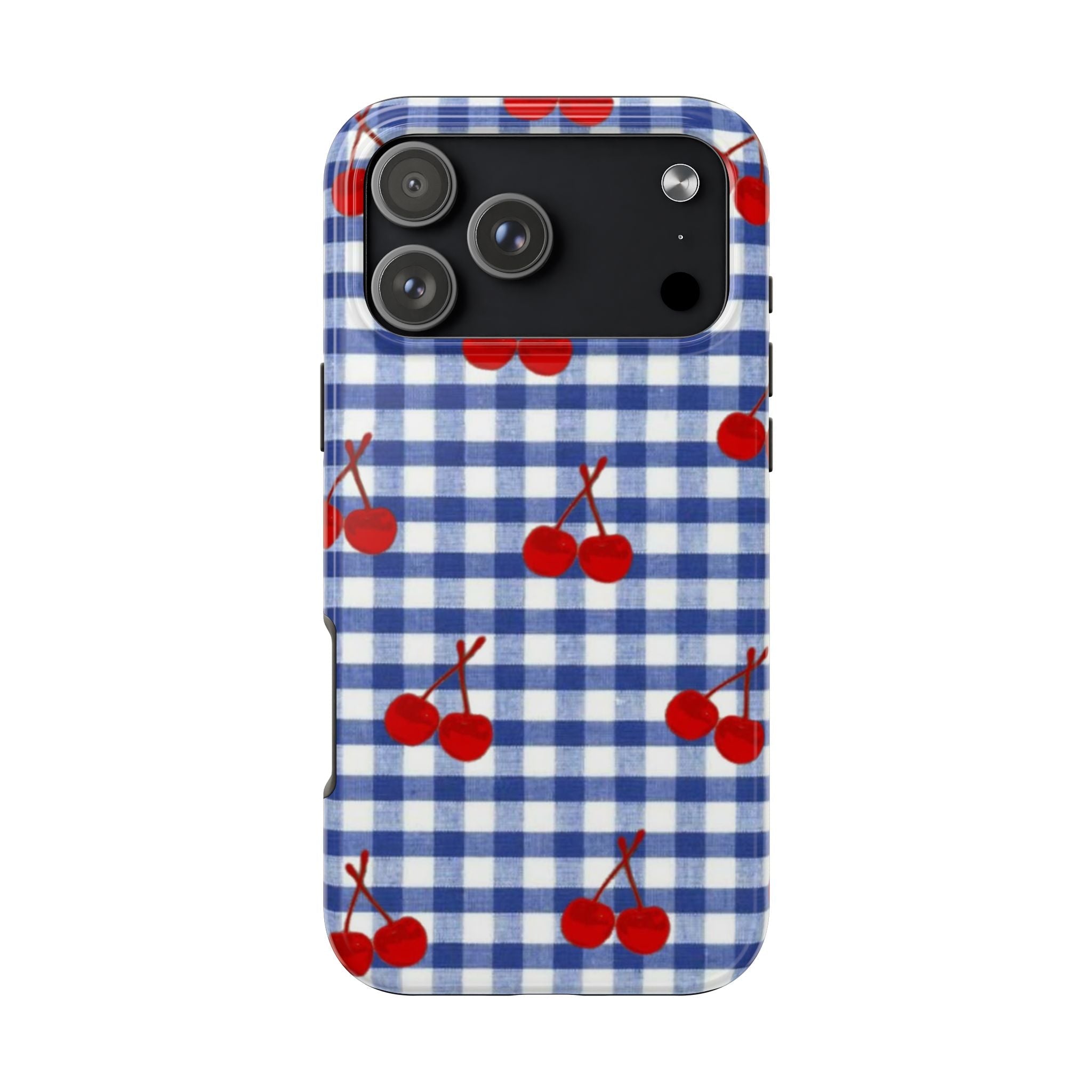 Blue gingham phone case with red cherries pattern, camera cutout