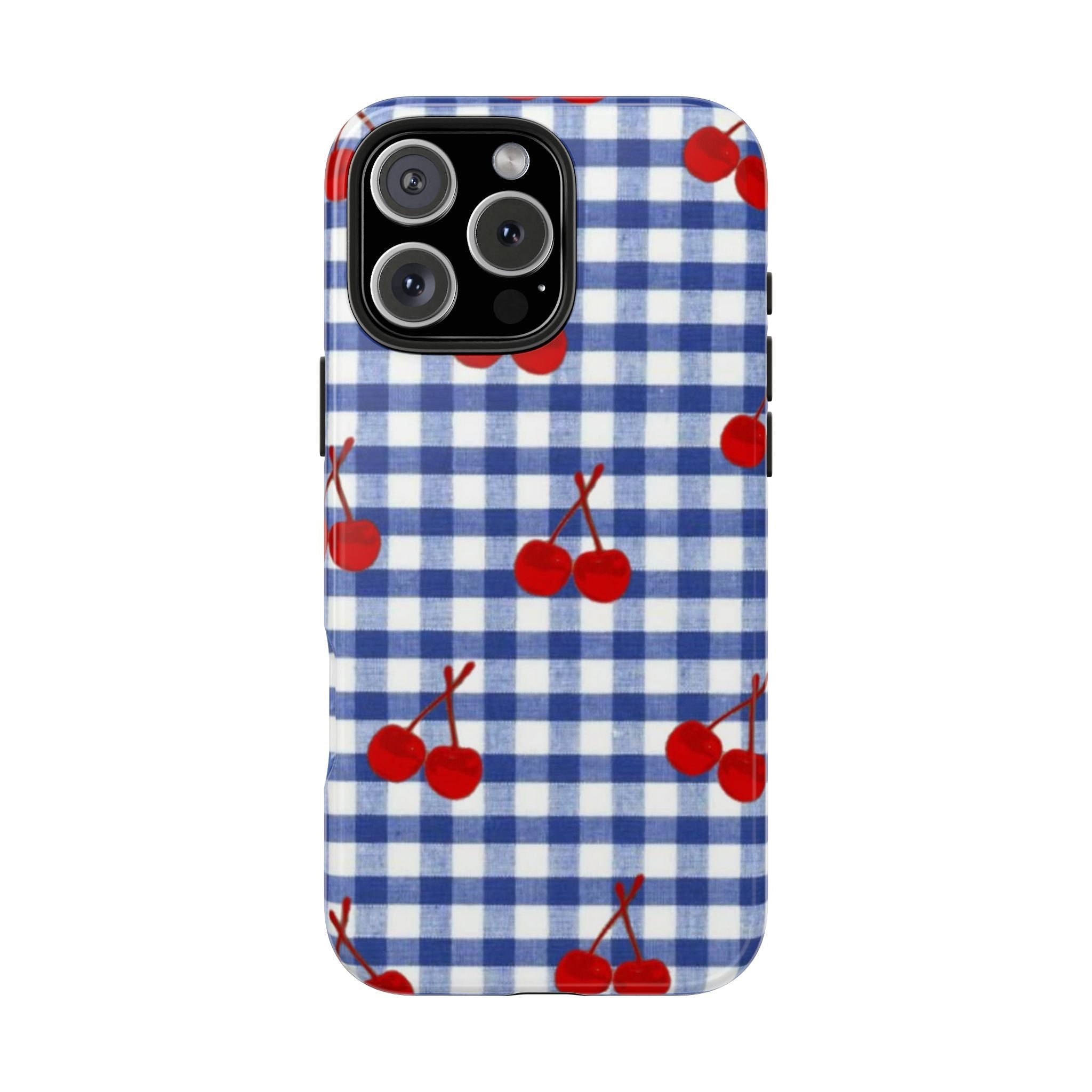 Blue and white gingham phone case with red cherry print, side button cutouts