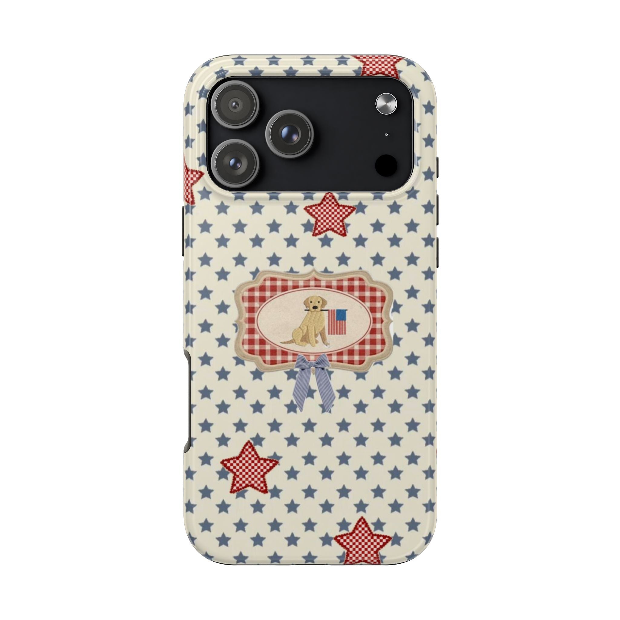 Americana 4th of July phone case: blue star pattern with red stars and dog badge
