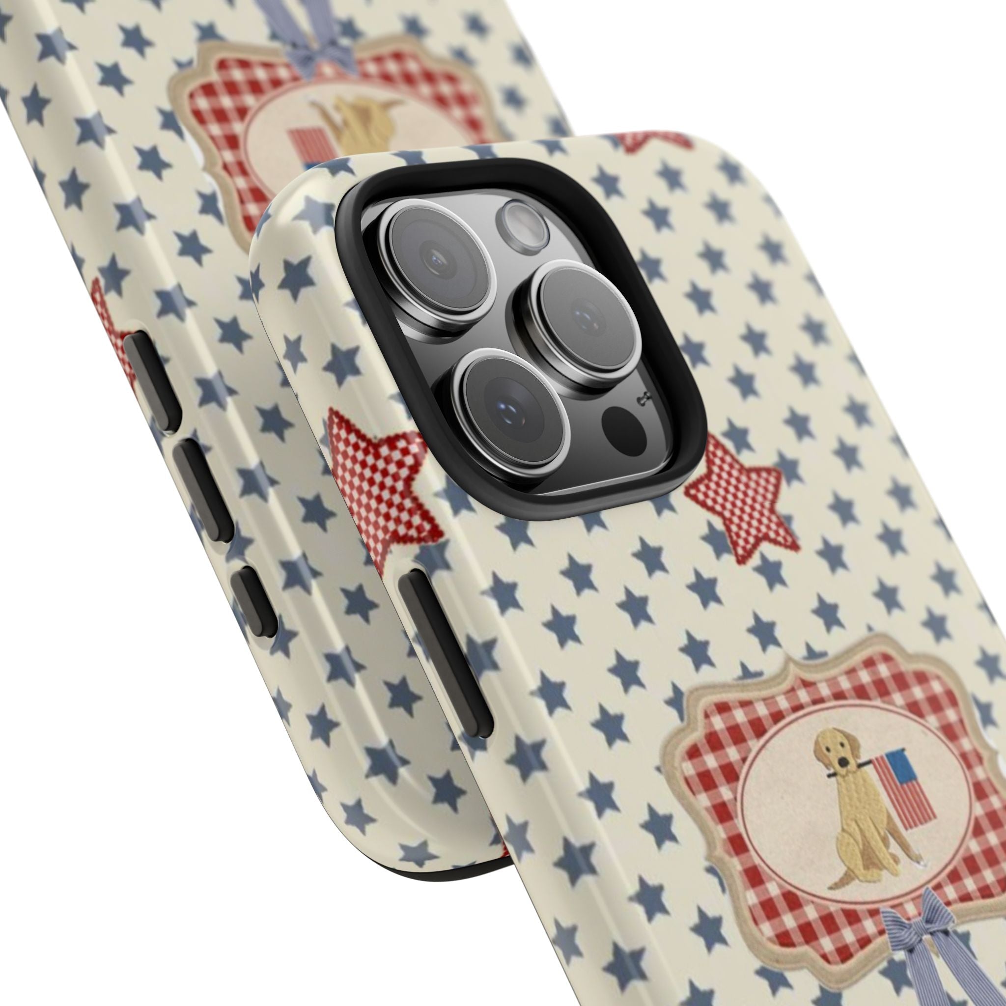 Americana 4th of July phone case detail: star pattern, red star, dog badge with ribbon