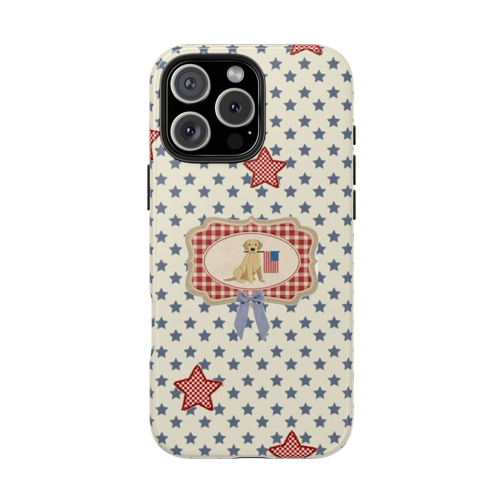 Americana phone case with blue star background, red star accents, and dog ribbon badge