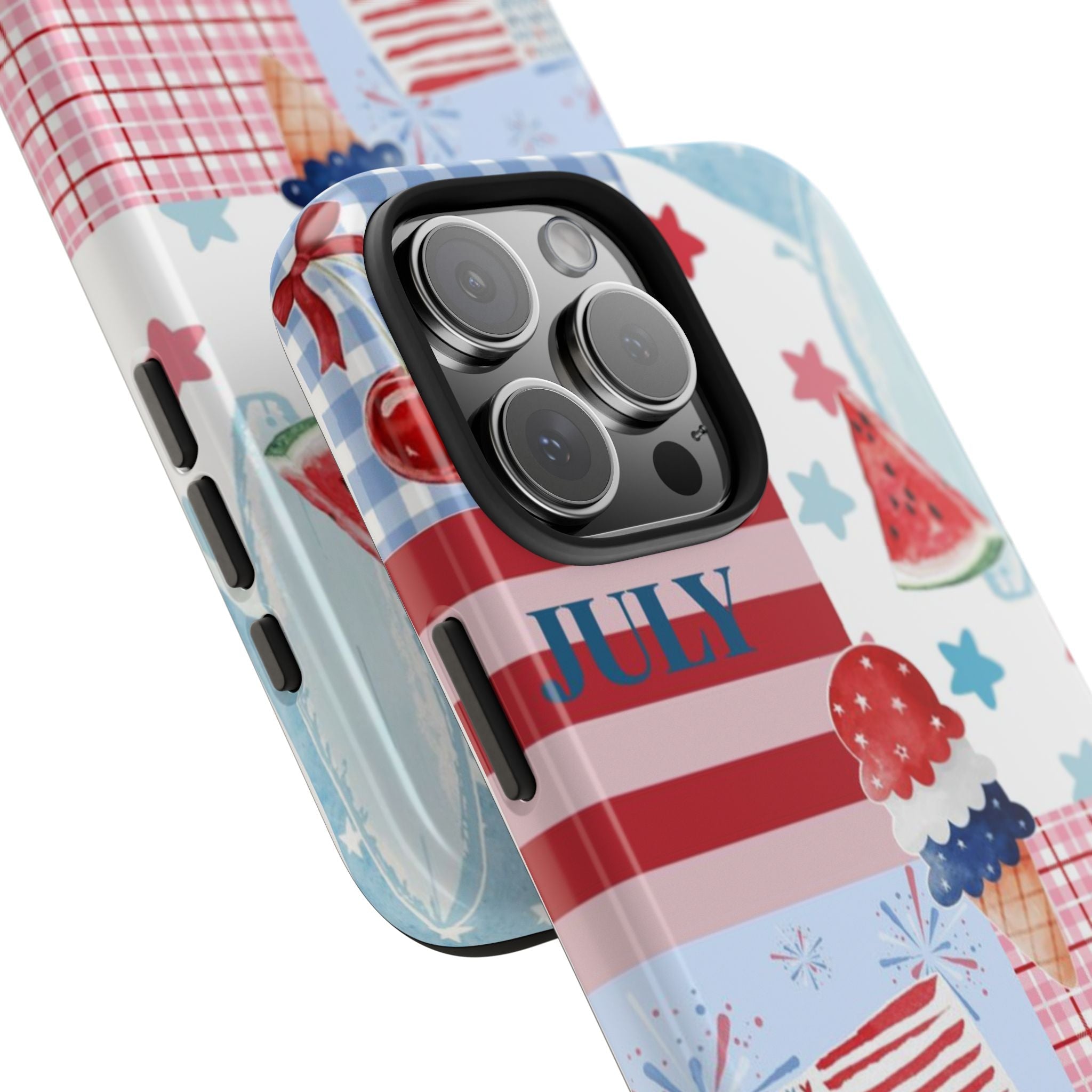 Americana July beach phone case angled view, plaid and watermelon with side cutouts