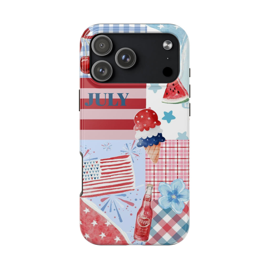 Americana July beach phone case, red-white-blue stripes with plaid and watermelon slice