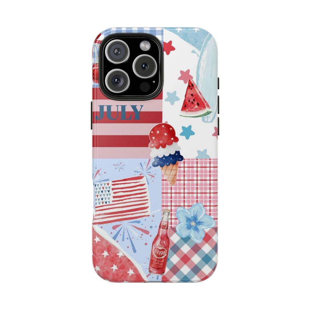 Americana July beach phone case with watermelon, ice cream, stars & stripes pattern