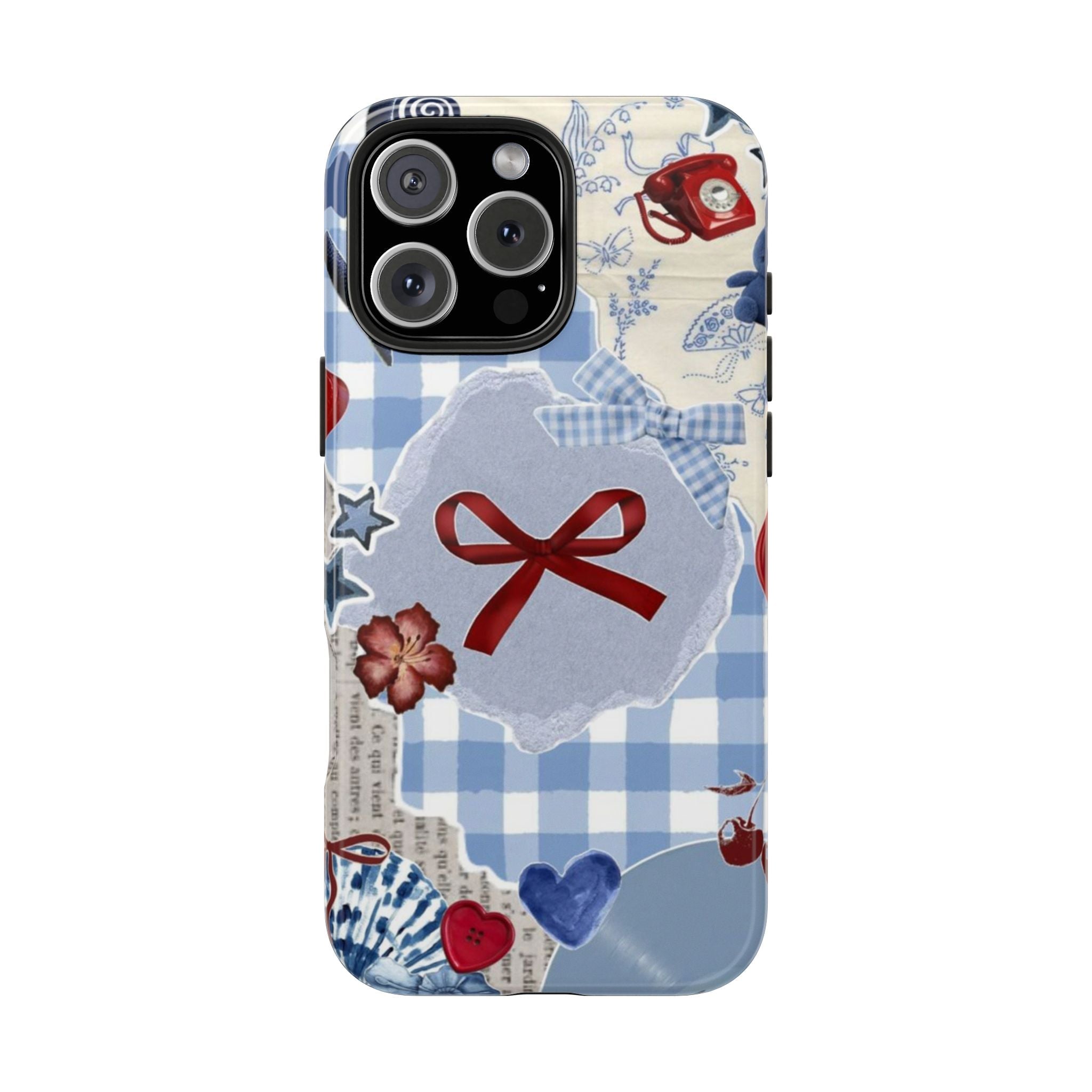 Americana summer collage phone case with blue gingham, red ribbon, floral and stars