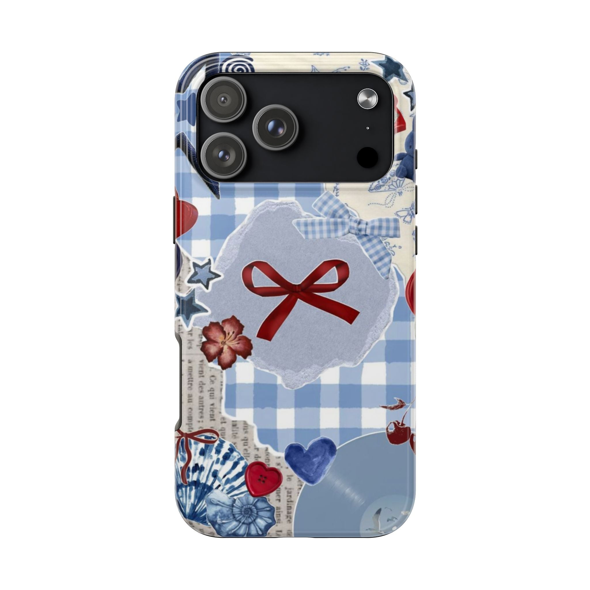 Americana summer collage phone case with blue gingham, red bow, hearts and cherry motifs