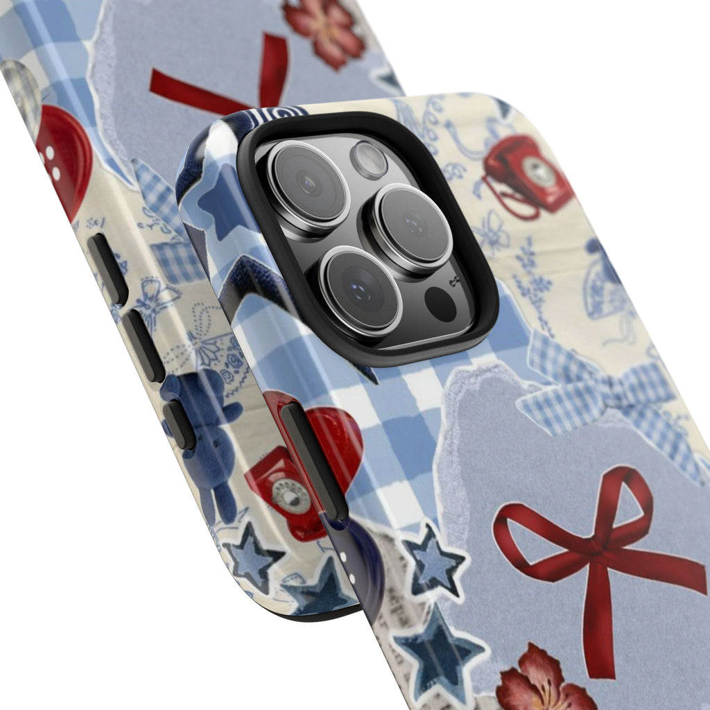 Americana summer collage phone case with camera cutouts; blue gingham and red ribbon detail