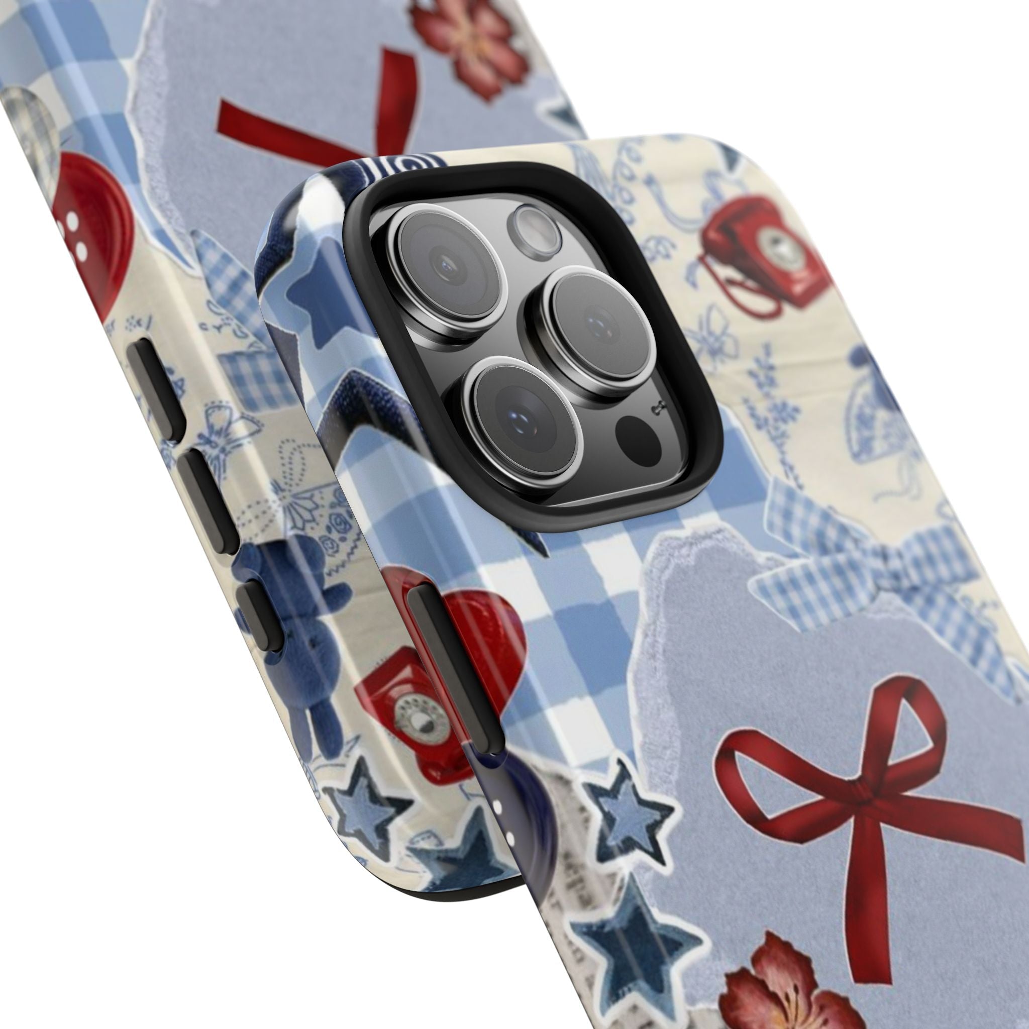 Americana summer collage phone case with camera cutouts; blue gingham and red ribbon detail