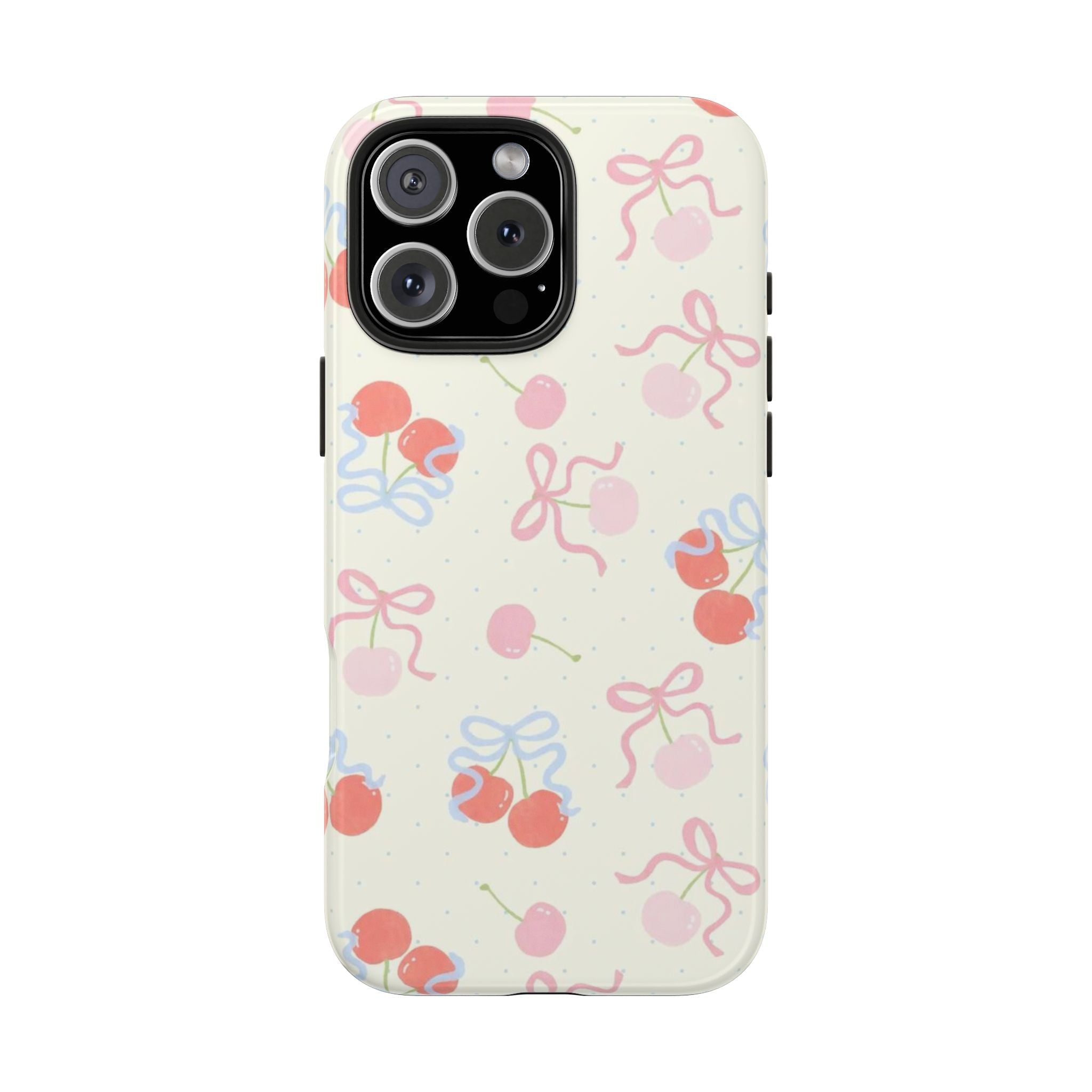 Off-white phone case with repeating cherries and bow shapes in pink, blue, and coral; back